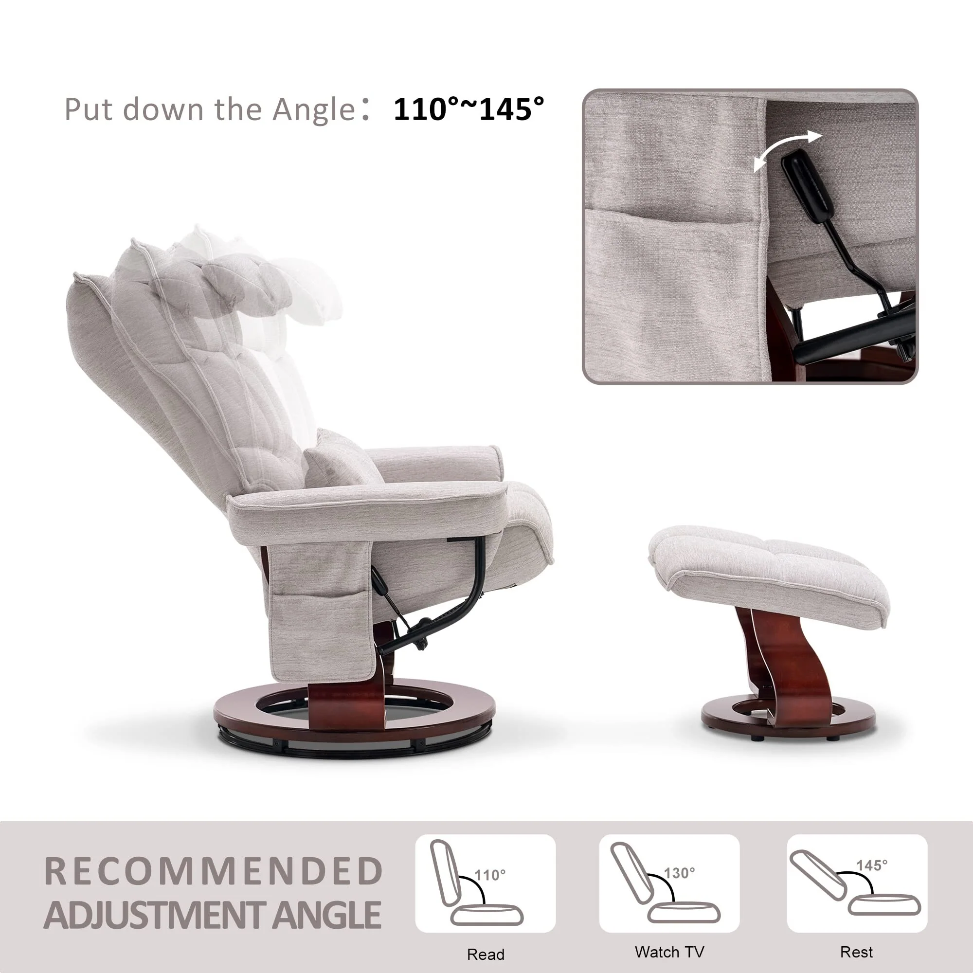 MCombo Swivel Recliner with Ottoman and Neck Pillow, Chenille Fabric