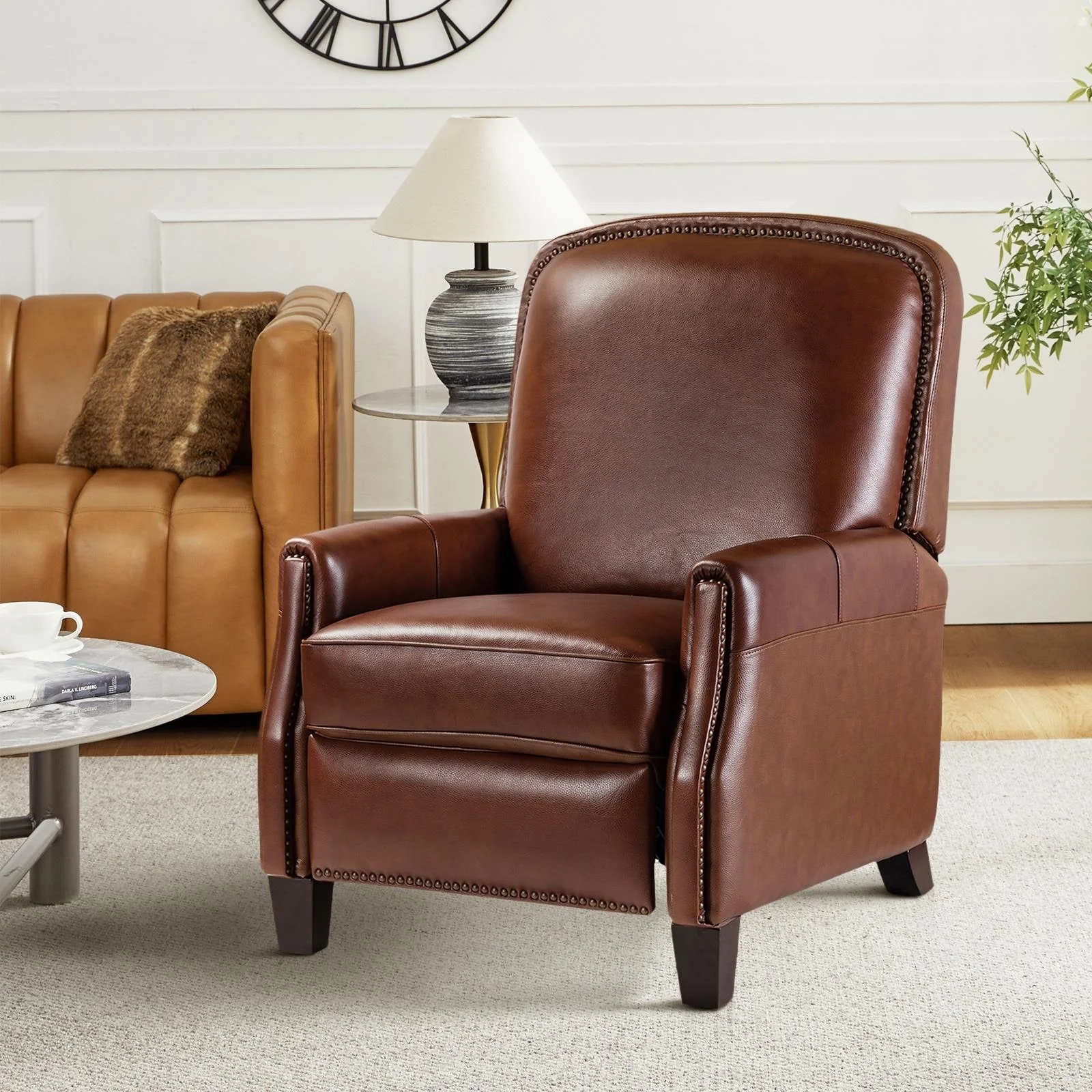 Gladis Modern Retro Genuine Leather Recliner with Nailhead Trim by HULALA HOME