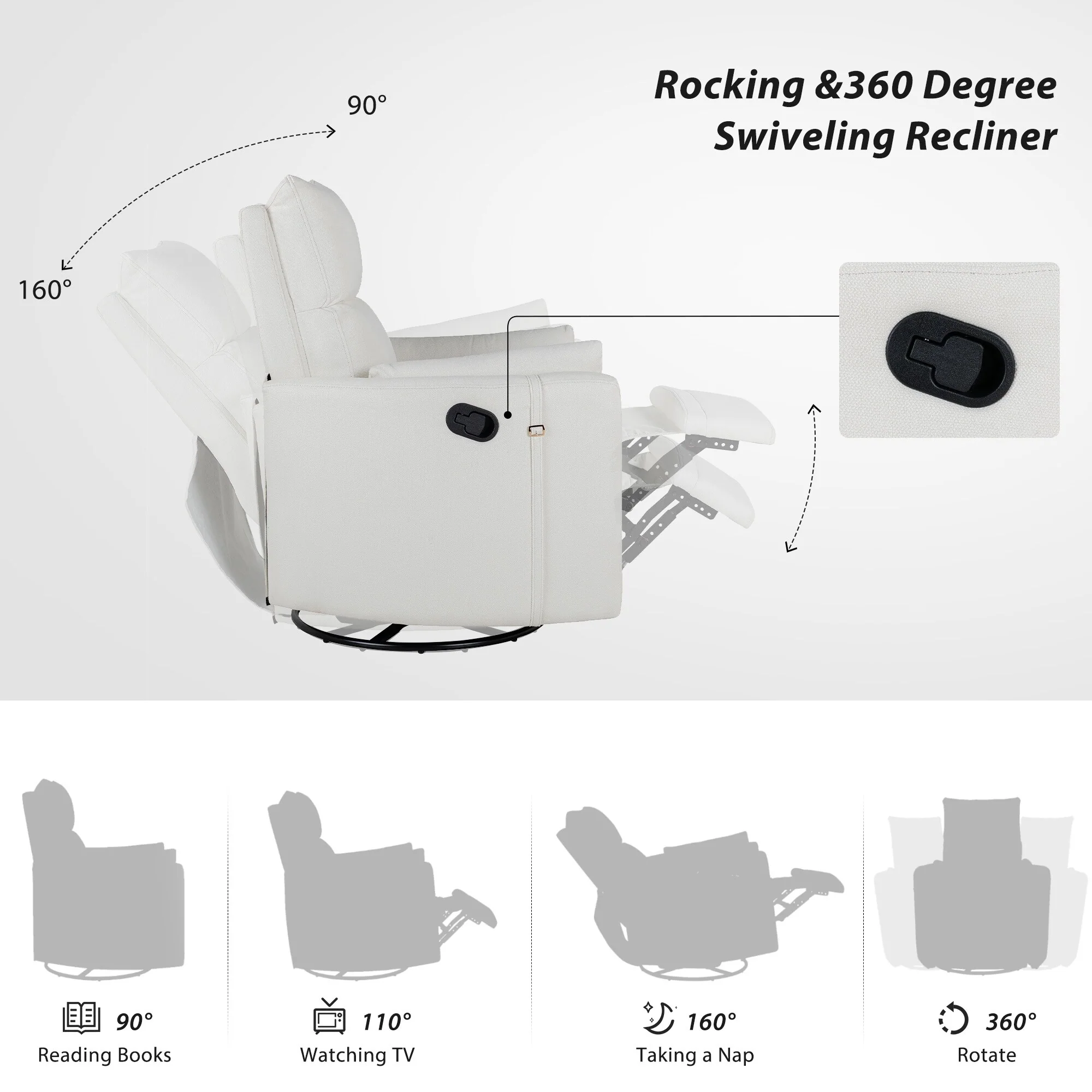Beige Manual Rocker Recliner featuring 360�� Swivel and Adjustable Backrest, Includes Two Removable Cushions