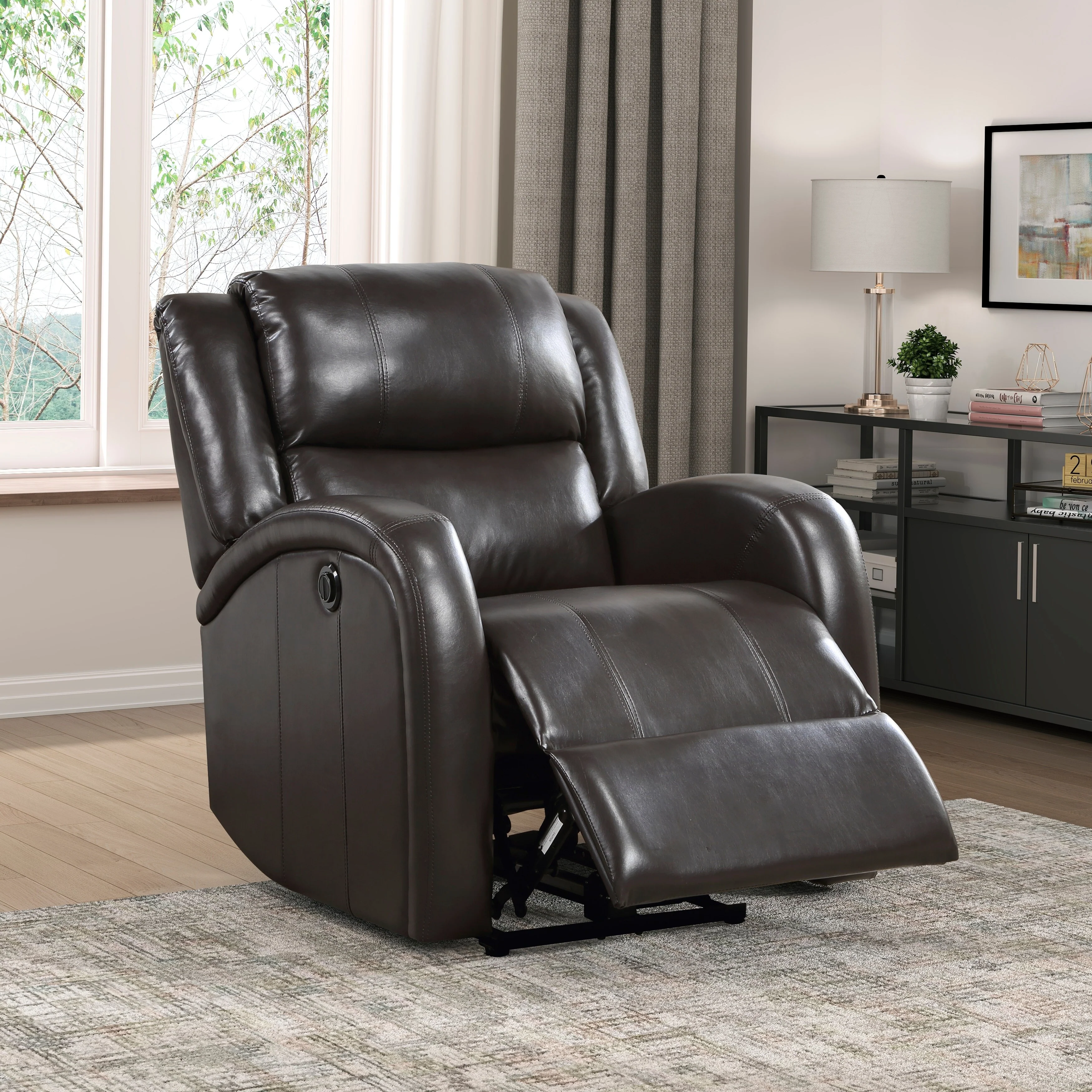 Modern Living Room Furniture 1pc Power Reclining Chair Brown Faux Leather Upholstery Plush Seating Solid Wood Frame