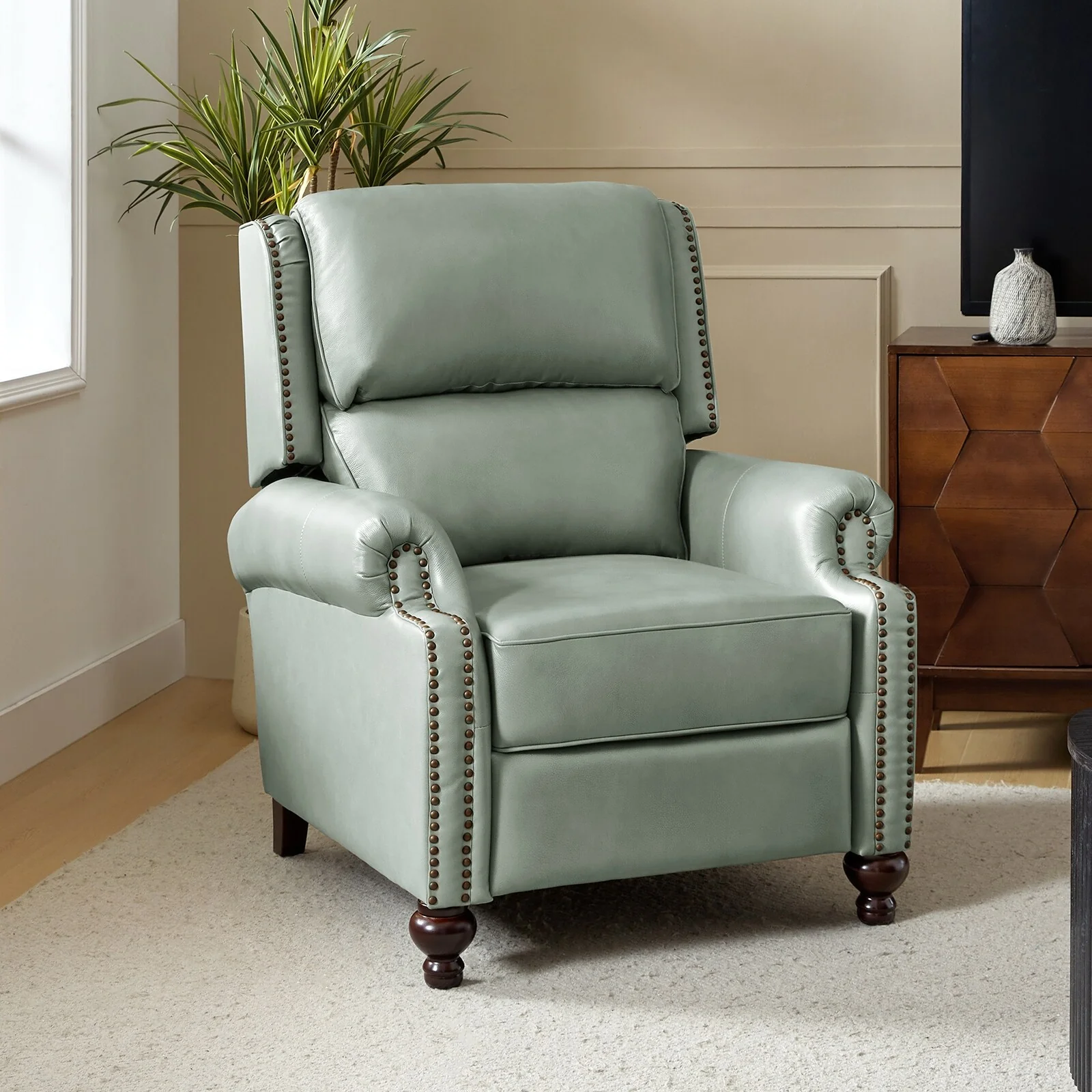 Gabriela Mid-Century Modern Genuine Leather Recliner with Tapered Block Feet by HULALA HOME