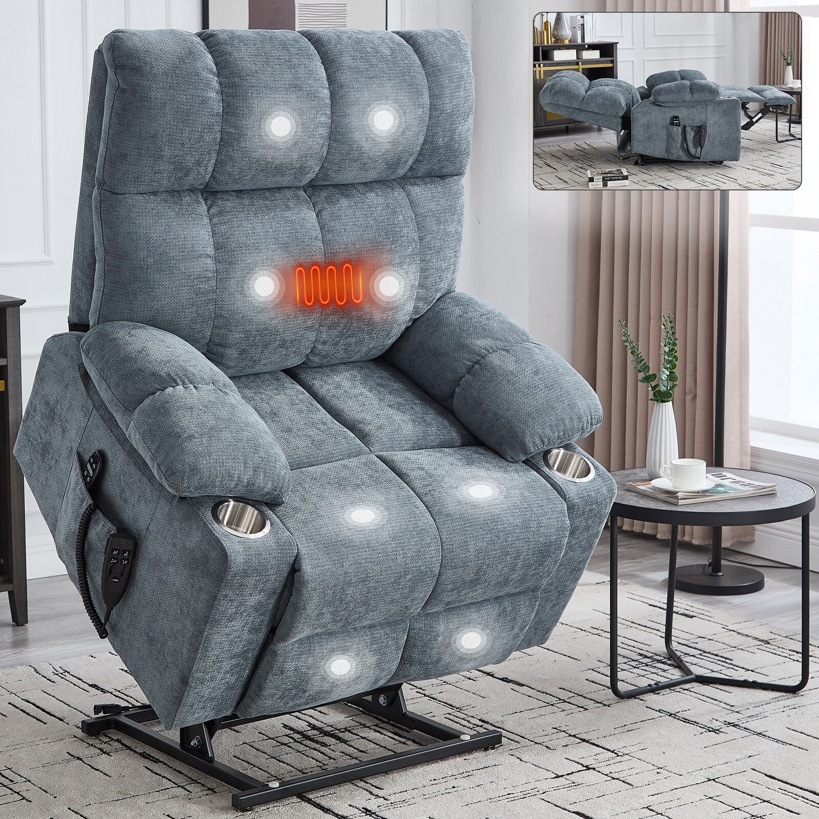 Power Lift Recliner Chair with Massage  Heat �C 350 lbs Capacity, Dual Motor, 8-Point Vibration, Lumbar Heating, Cup Holders