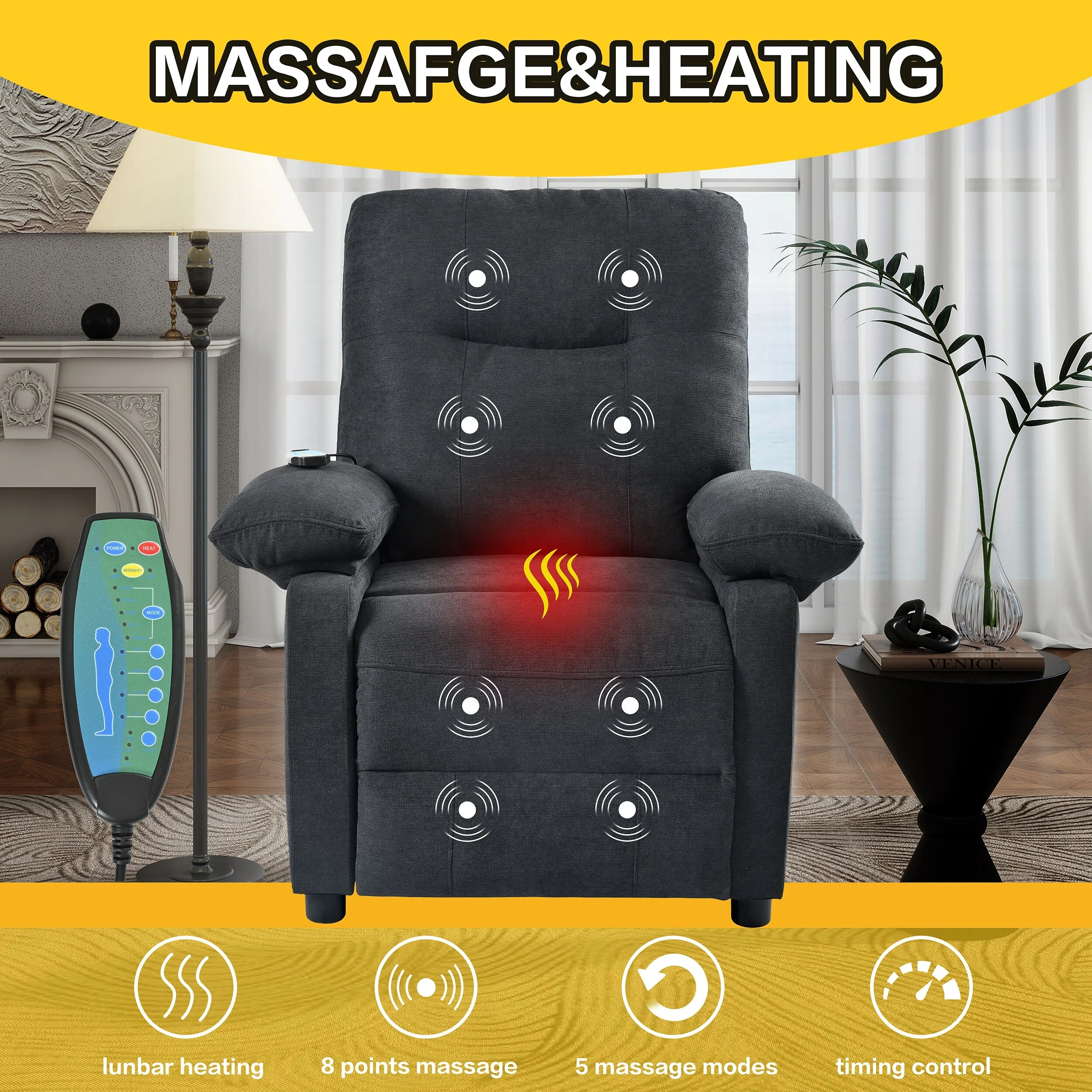 Black Manual Recliner with Massage, Heat, and Solid Wood Frame