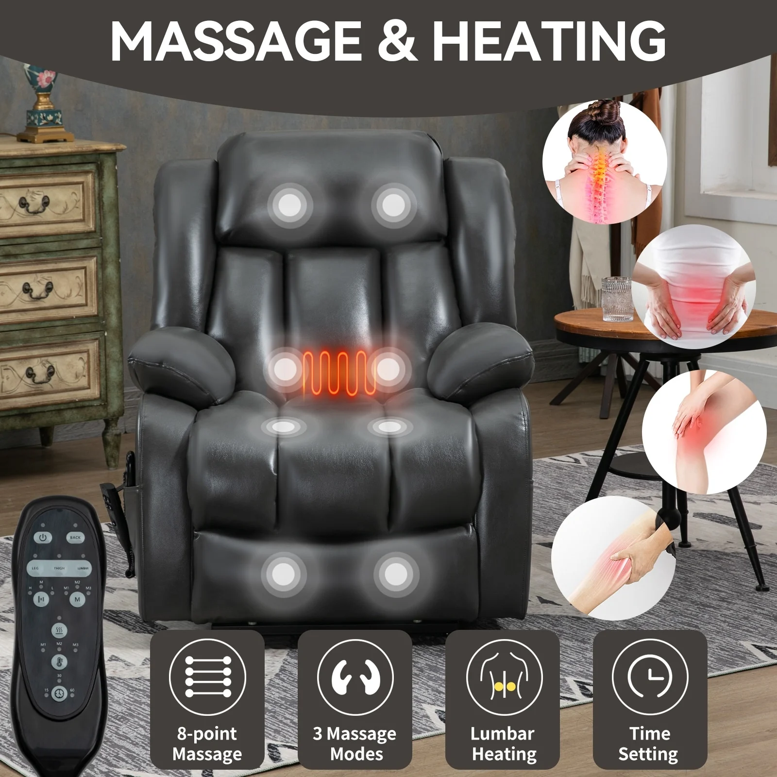 Faux Leather Power Lift Recliner with Massage & Lumbar Heating