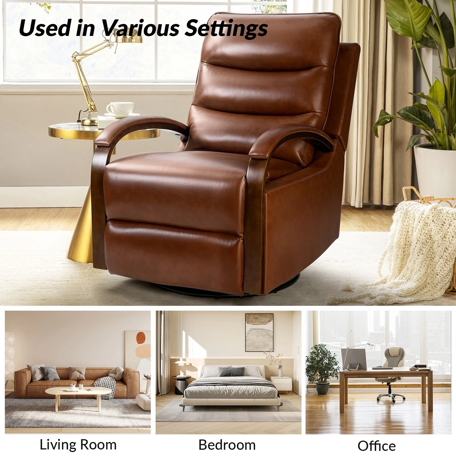 Leopold Genuine Leather Swivel Rocking Manual Recliner Chair with Wooden Arm Accents Set of 2 by HULALA HOME