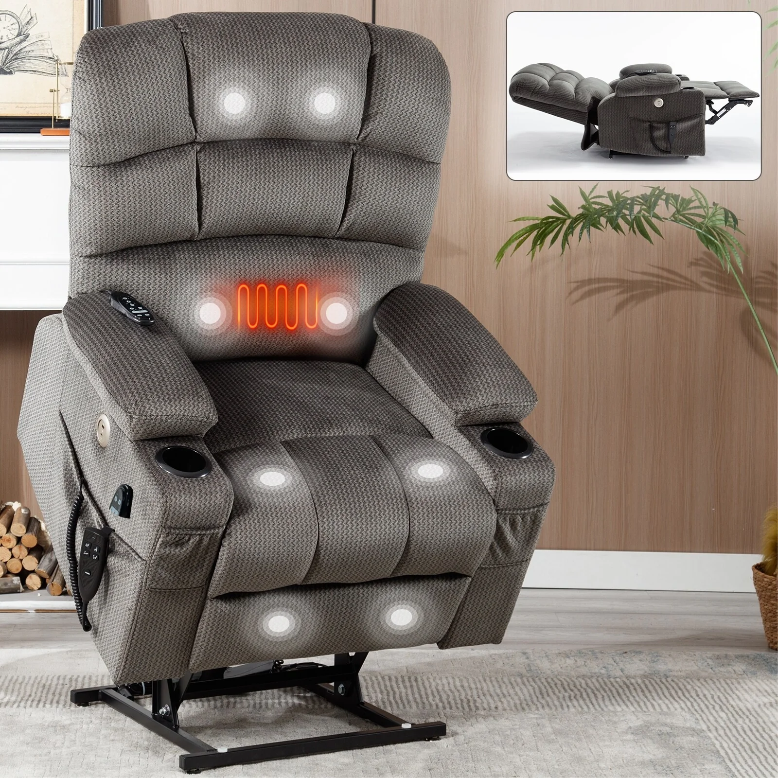 Chenille Power Lift Recliner with Massage, Heating & Cup Holders