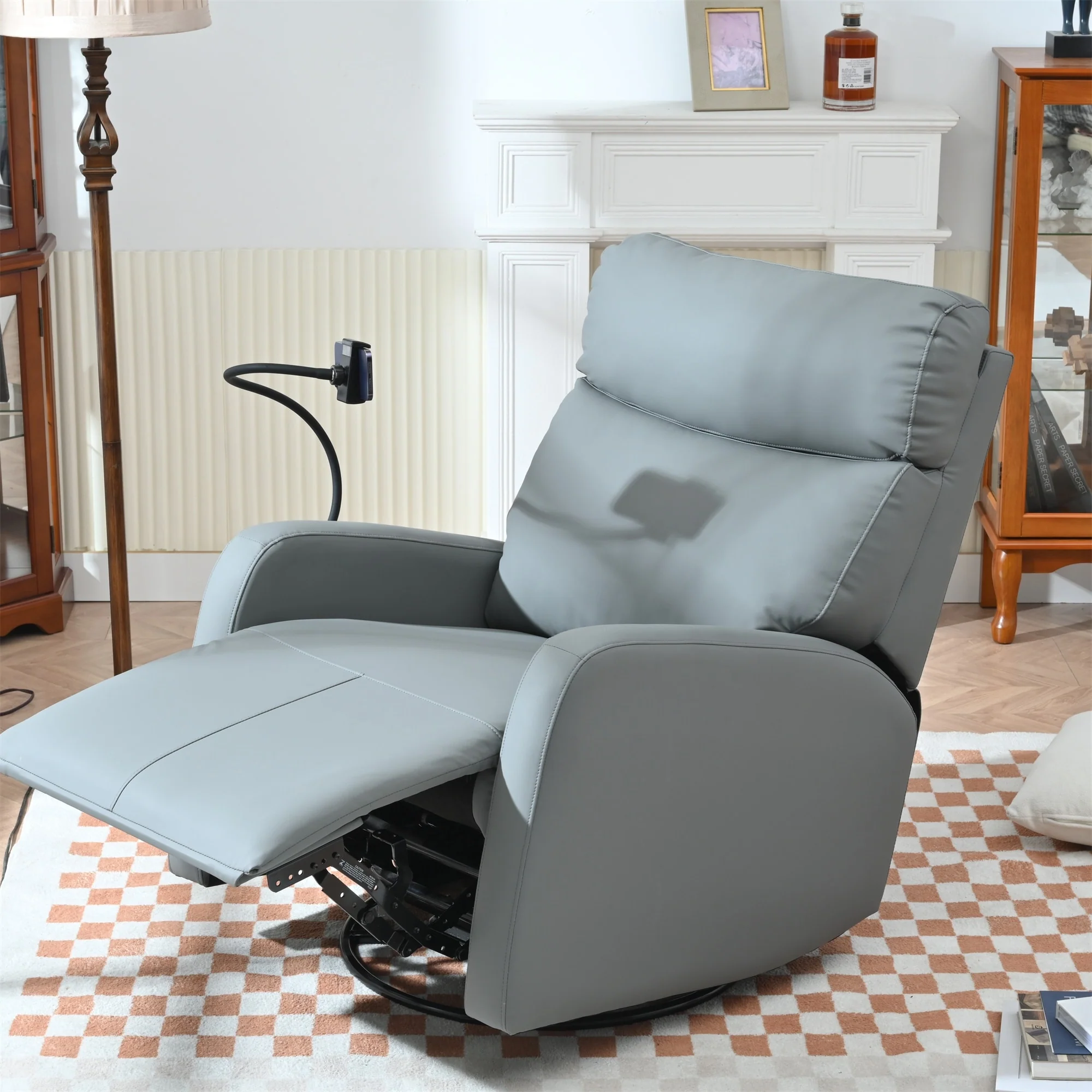 PU Leather 360�� Swivel Rocker Recliner with Phone Holder