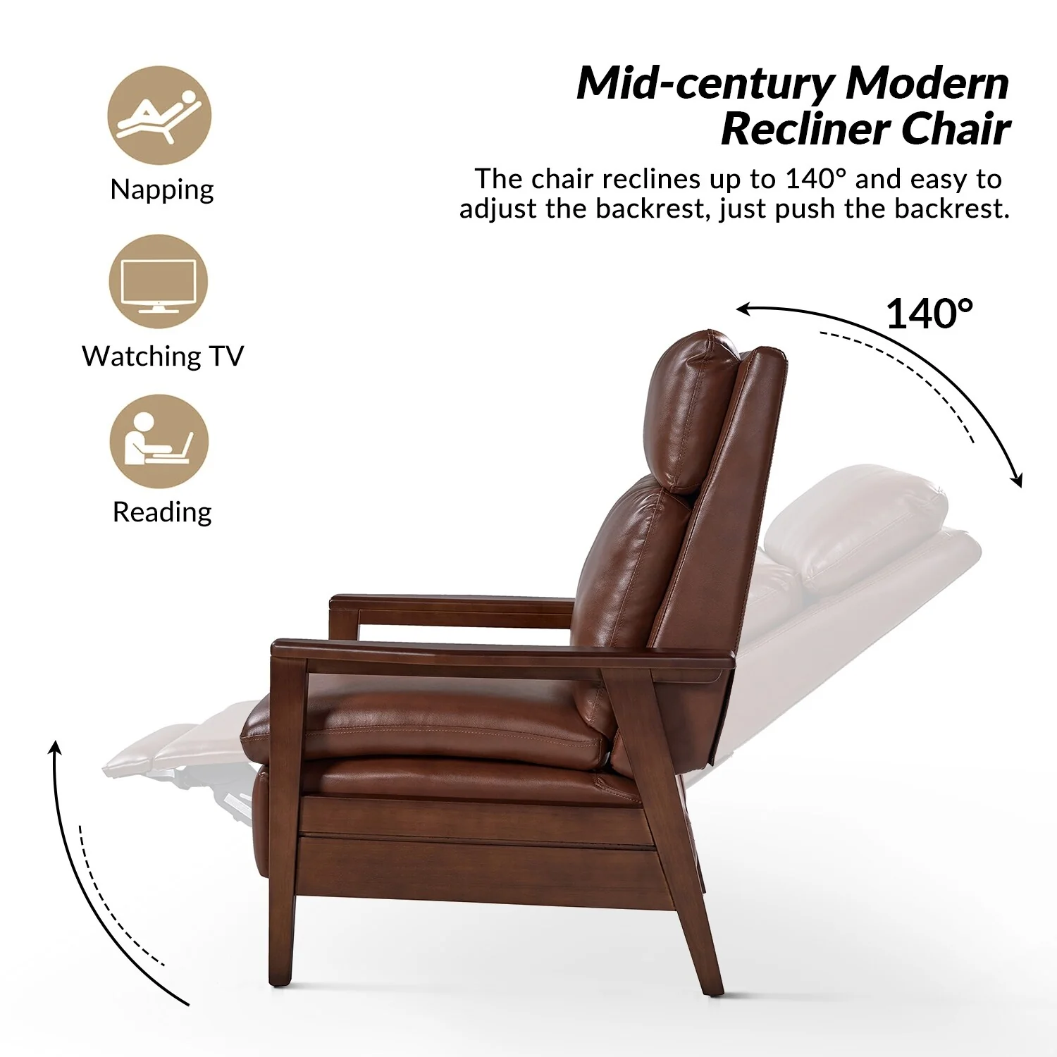 Patrick Mid-century Vegan Leather Solid Wood Recliner by HULALA HOME