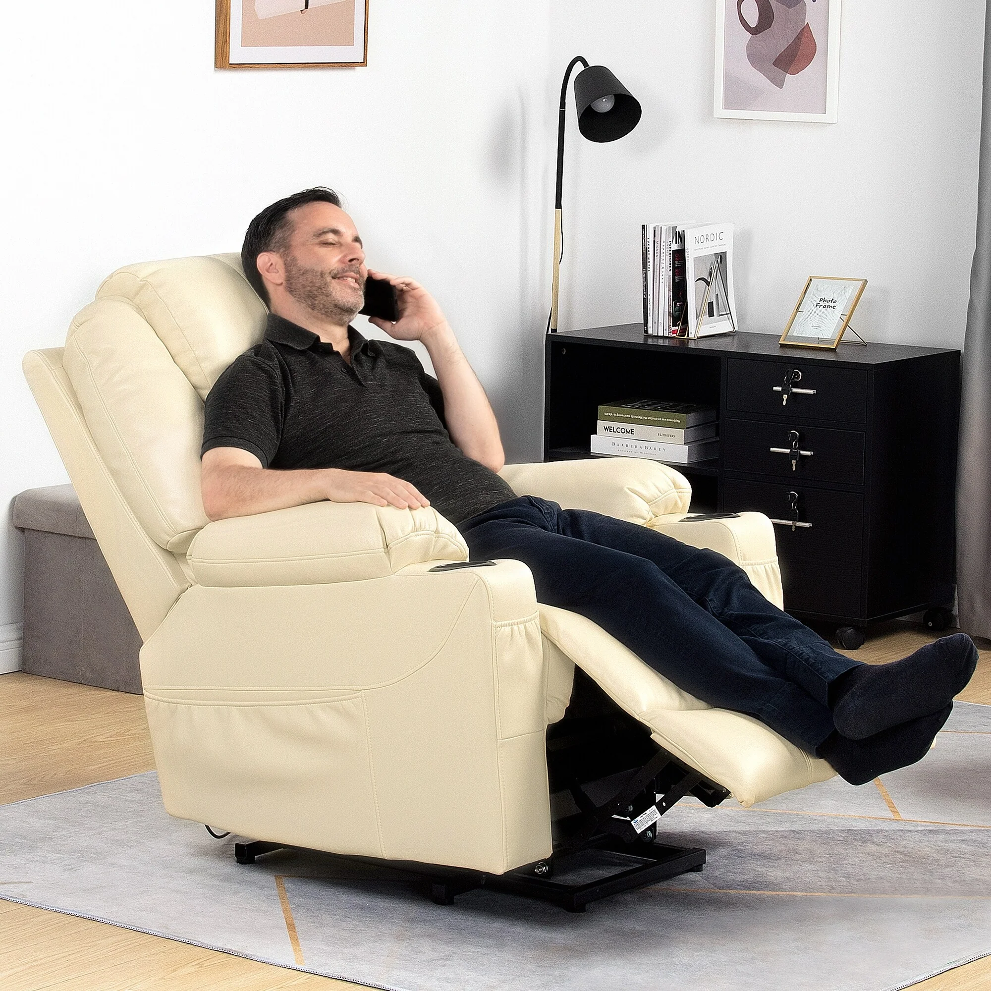 Modern Off White Reclining Chair Faux Leather/Fabric Massage