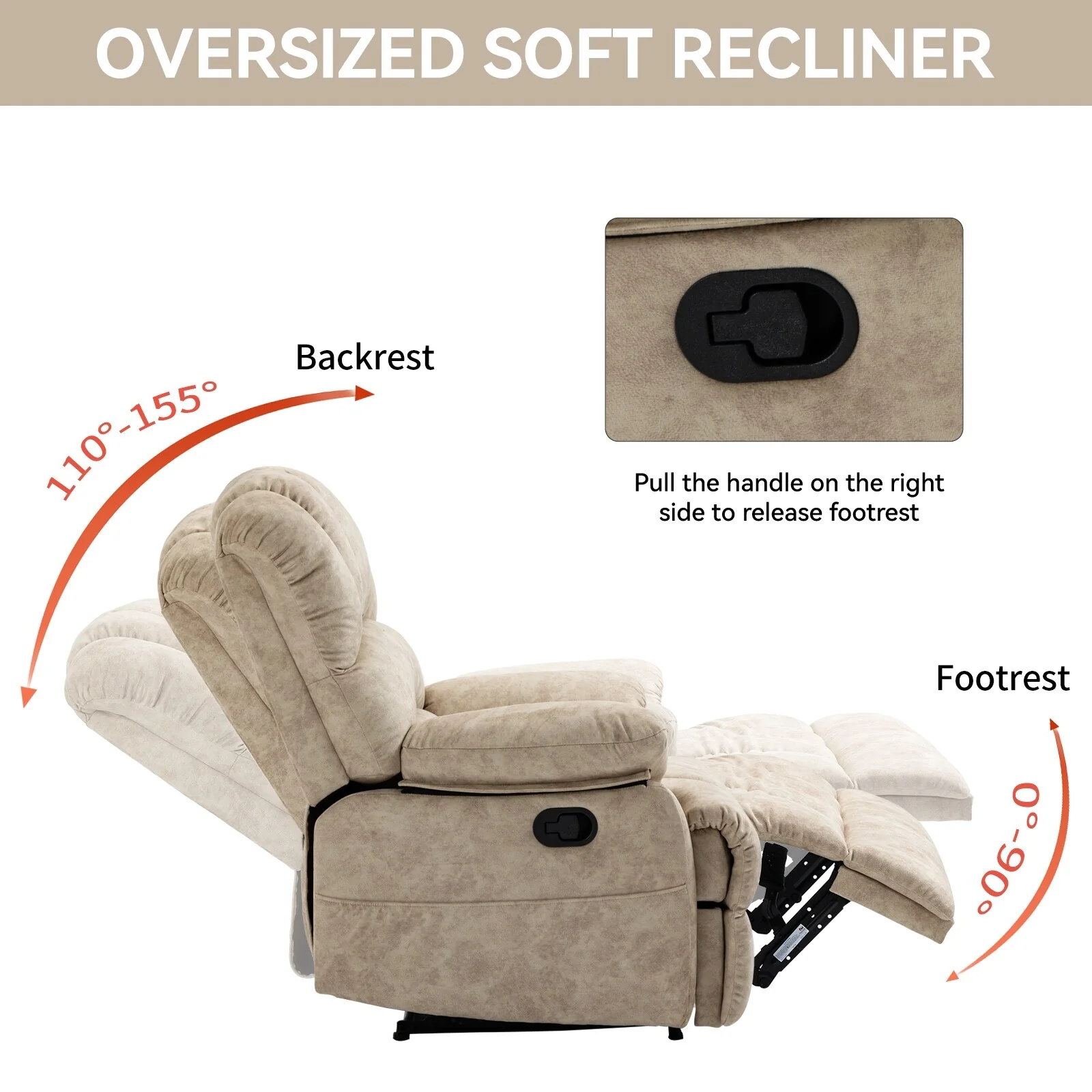 Fabric Large Manual Recliner Chair with Adjustable Backrest and Footstool