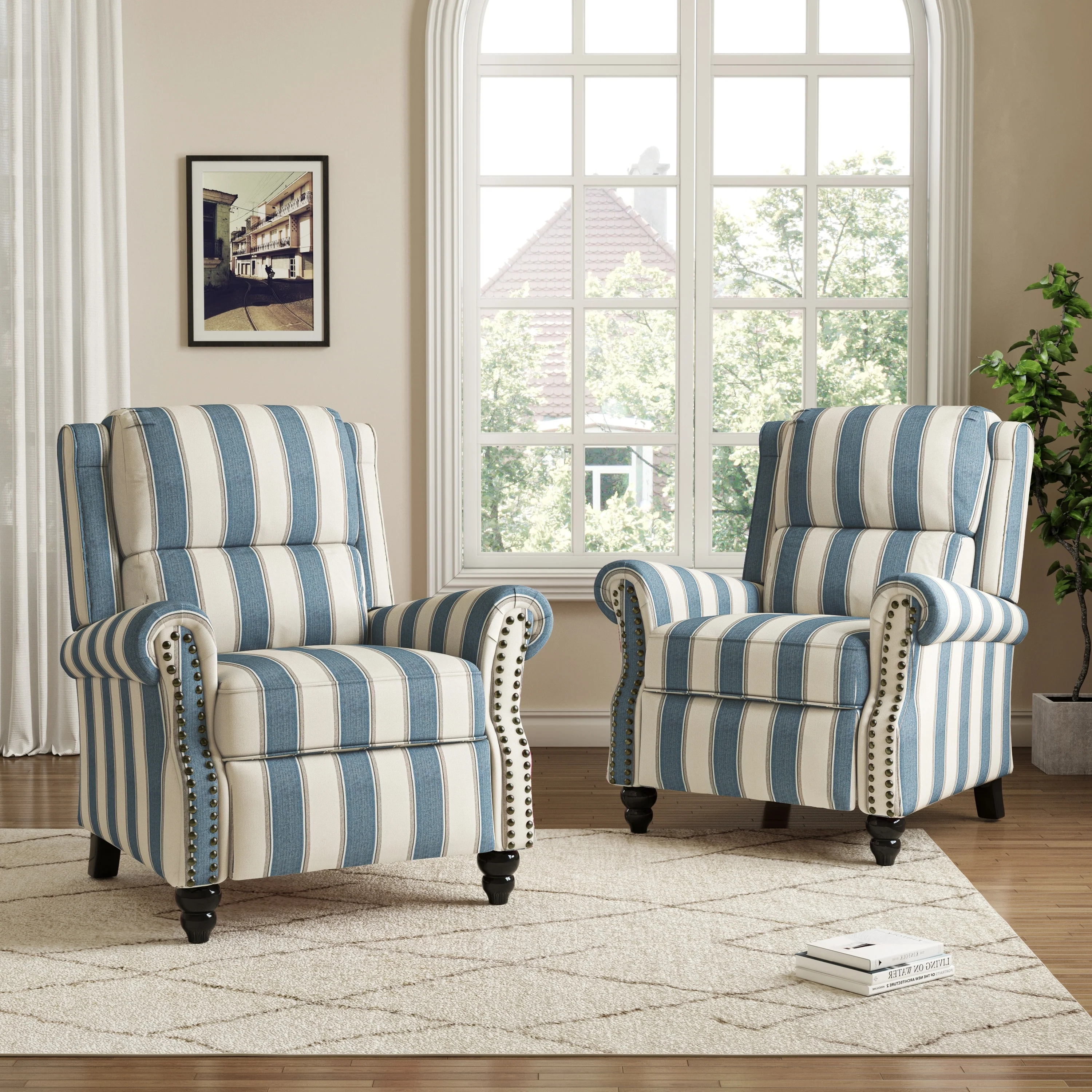 2 Set Manual Pushback Recliner Chair with Nailhead Trim