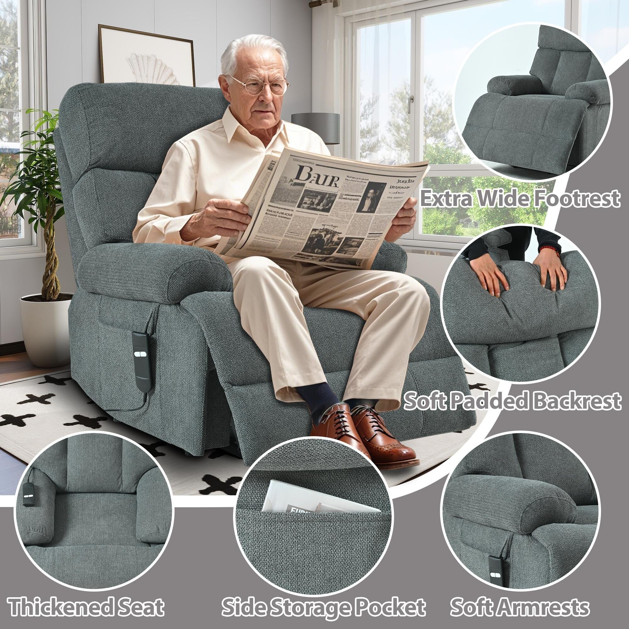 Flannel Power Lift Recliner with Side Pocket