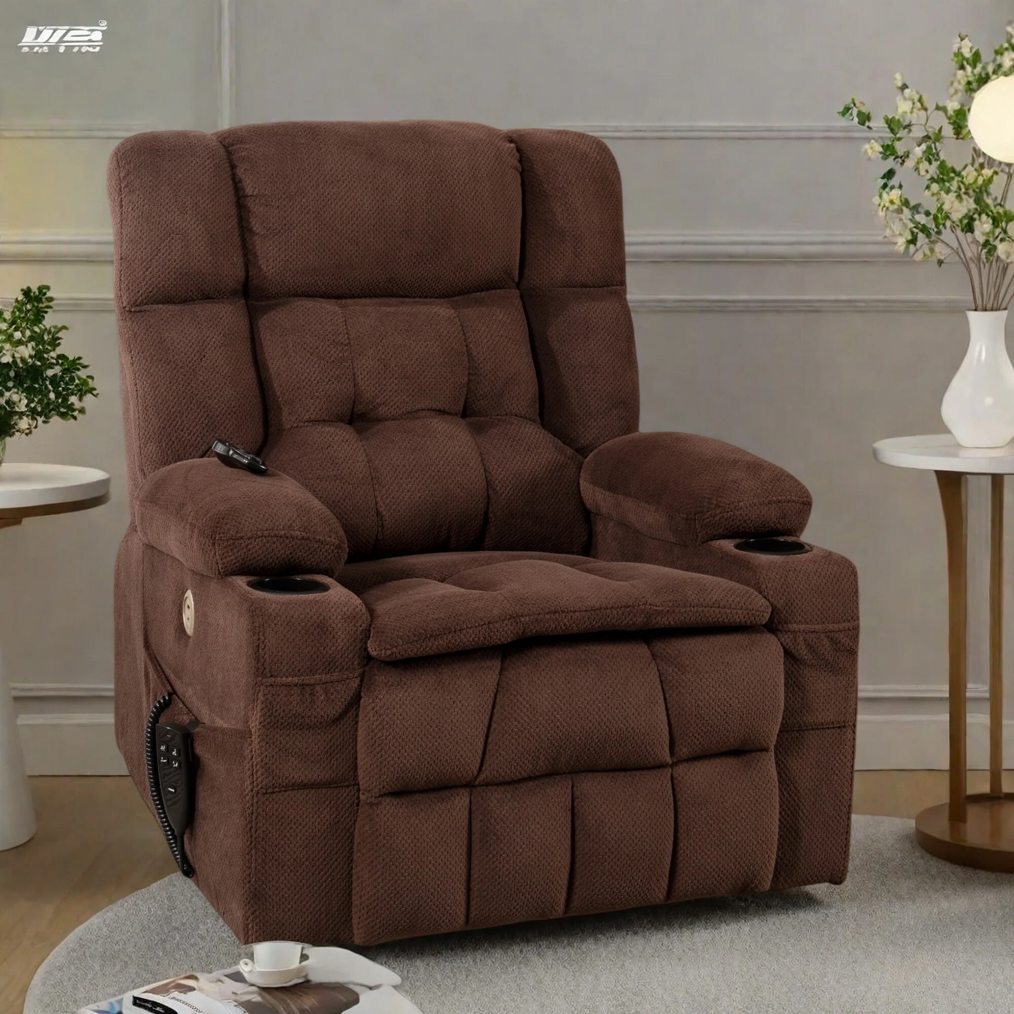 Polyester Dual Motor Recliner Chair with Massage, Lumbar Heat, Cup Holders, and Side Pockets
