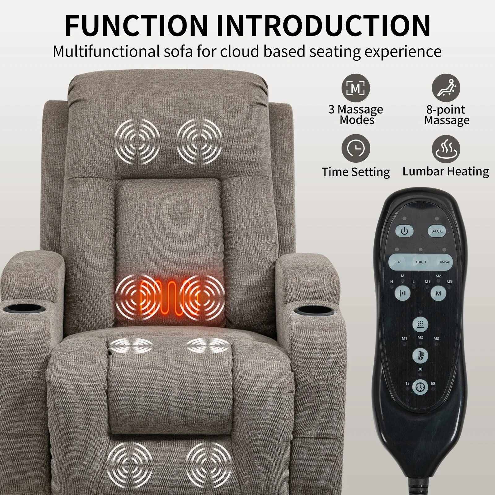 Power Lift Recliner Chair with Massage, Lumbar Heat, USB & Cup Holders