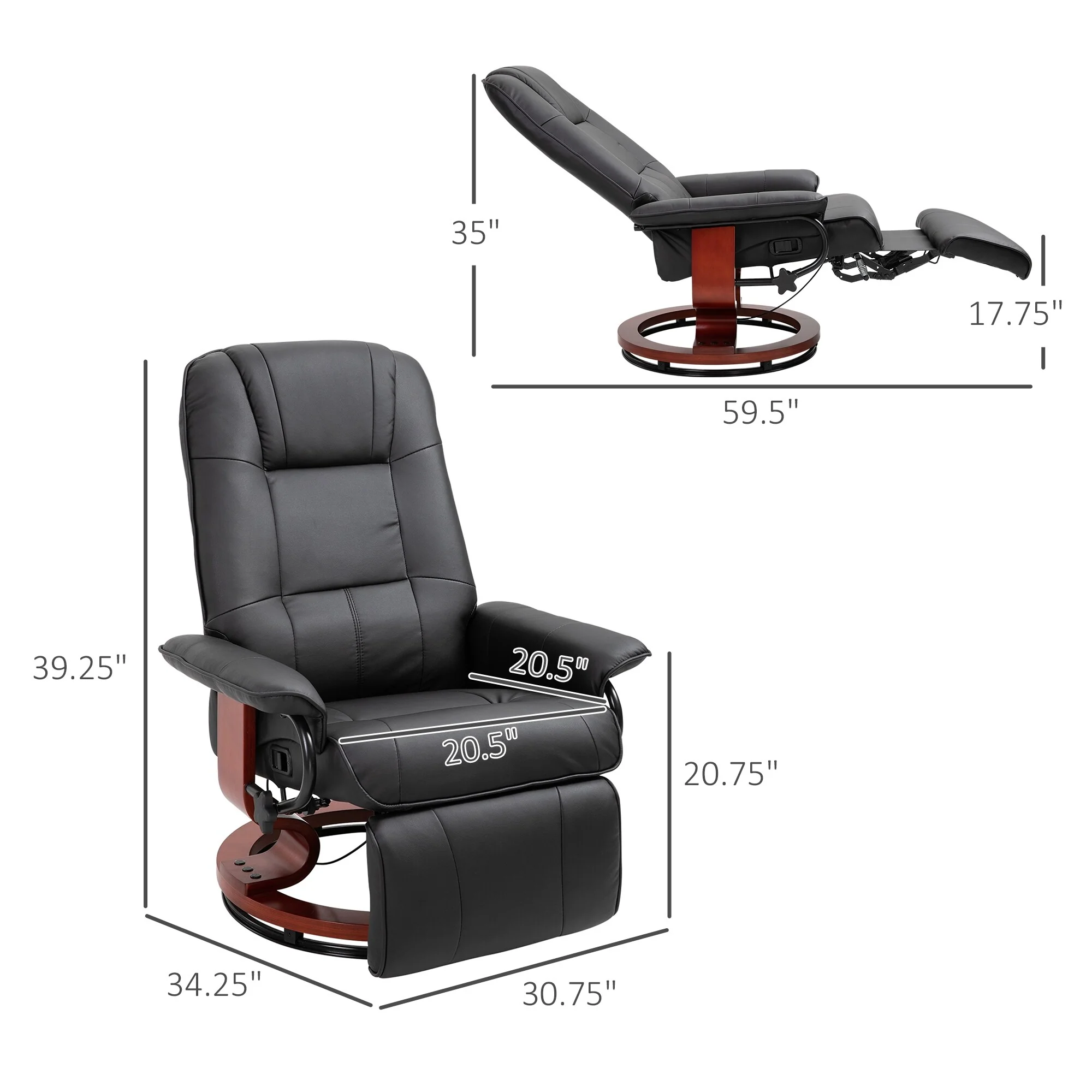 Manual Faux Leather Swivel Recliner with Extendable Footrest, Padded Armrests, and Wrapped Wooden Pedestal Base