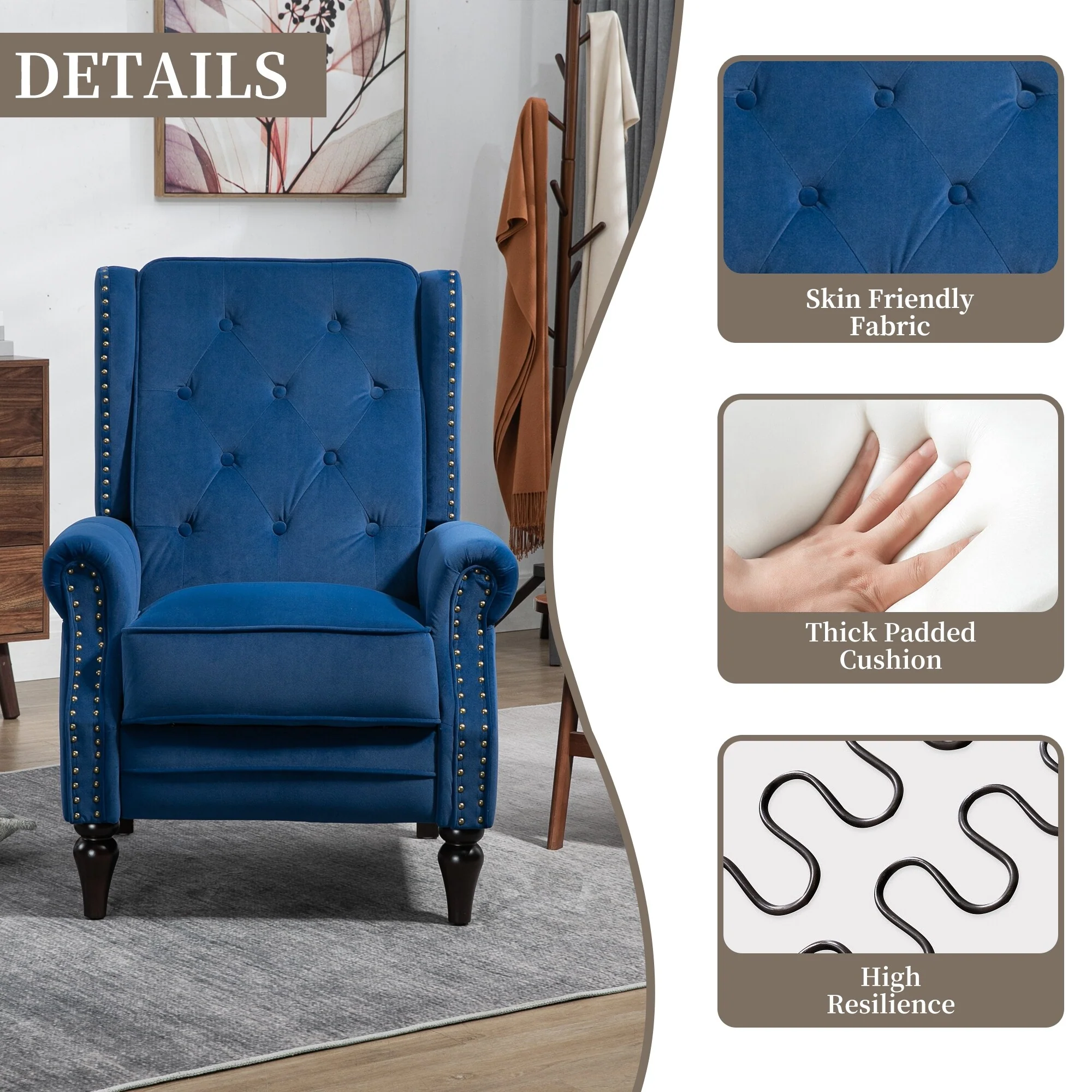 Velvet Upholstered Nailhead Tufted Recliner Chair with Black Legs