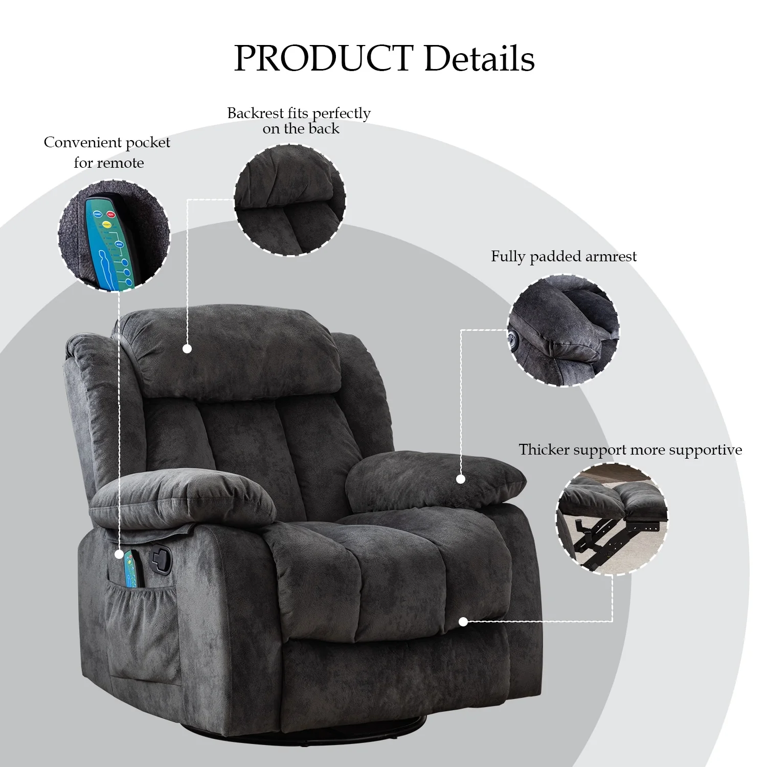 Soft Fabric Overstuff Manual Recliner with Massager and Heat