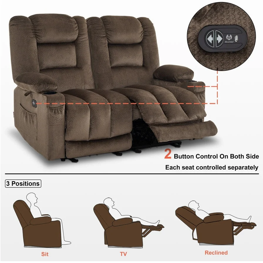 MCombo Power Reclining Loveseat Sofa with Heat and Massage, Fabric PR648