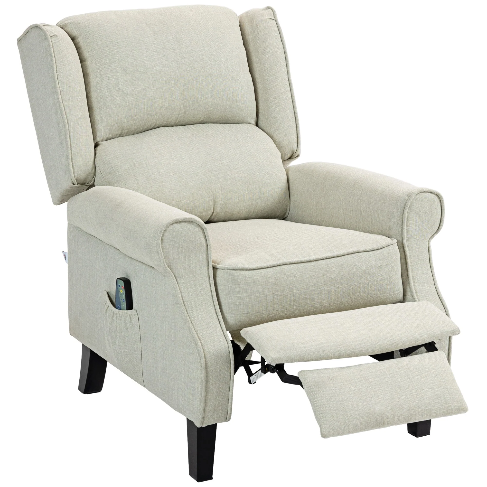 White Linen Wingback Recliner with Vibration Massage, Heat, Footrest