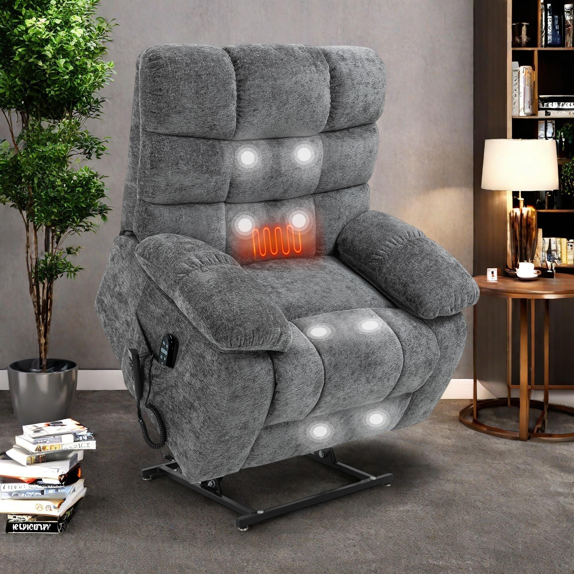 Oversized Chenille Power Lift Recliner Chair with Massage and Lumbar Heating, Charging Port, 180�� Lying Flat