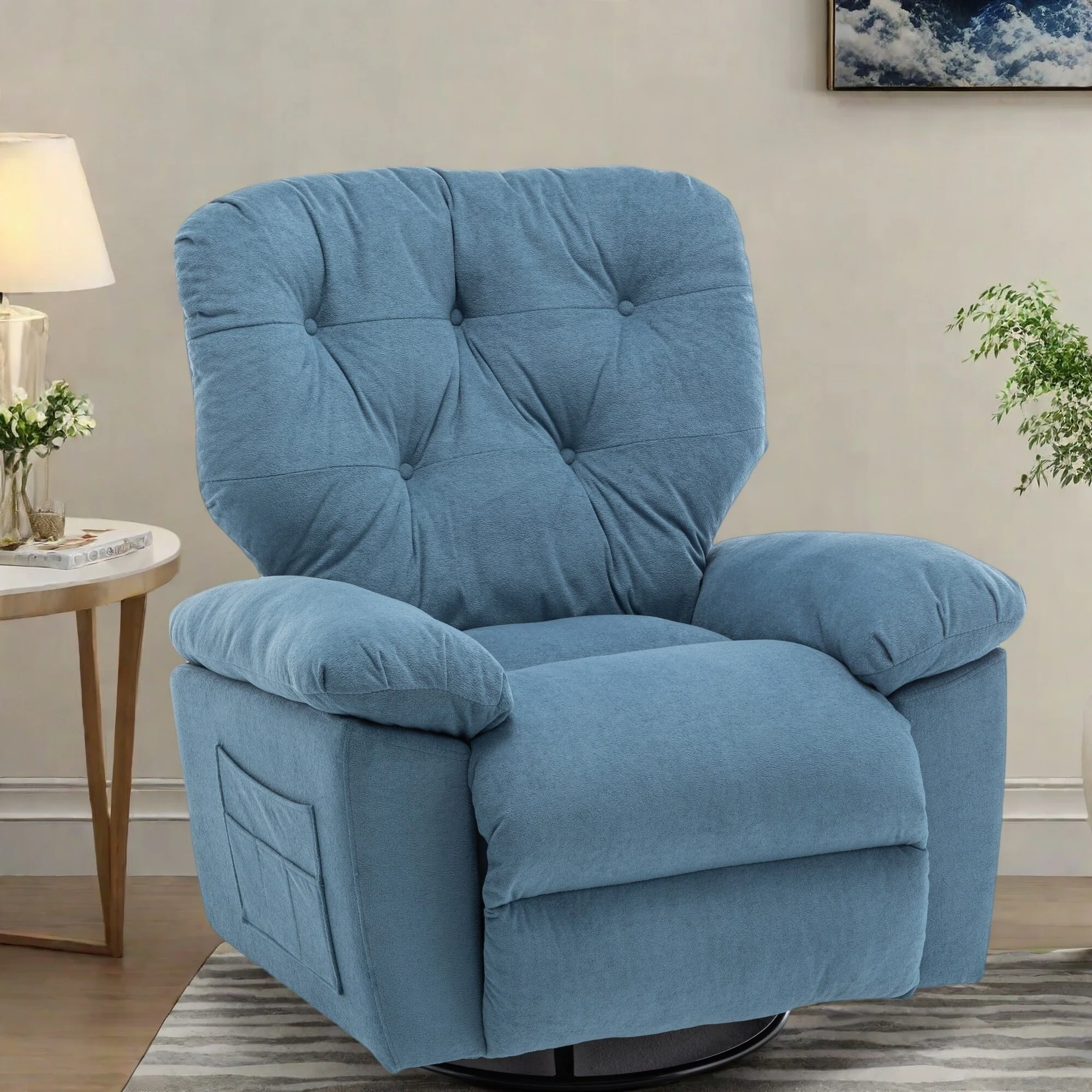 Standard-Size Fleece Swivel Rocker Recliner Chair with Manual Recline, Footrest, and Maternity Support Design