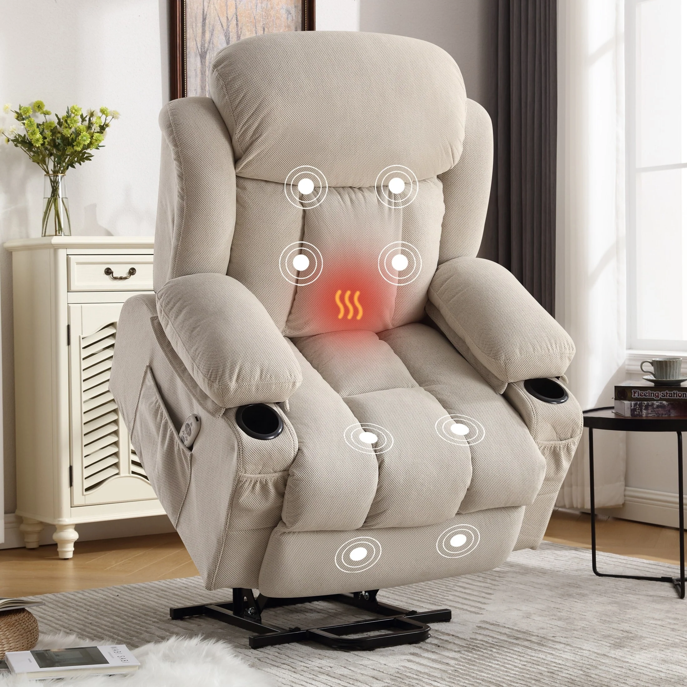 Beige Electric Recliner with Heat, Massage, USB, and Remote Control