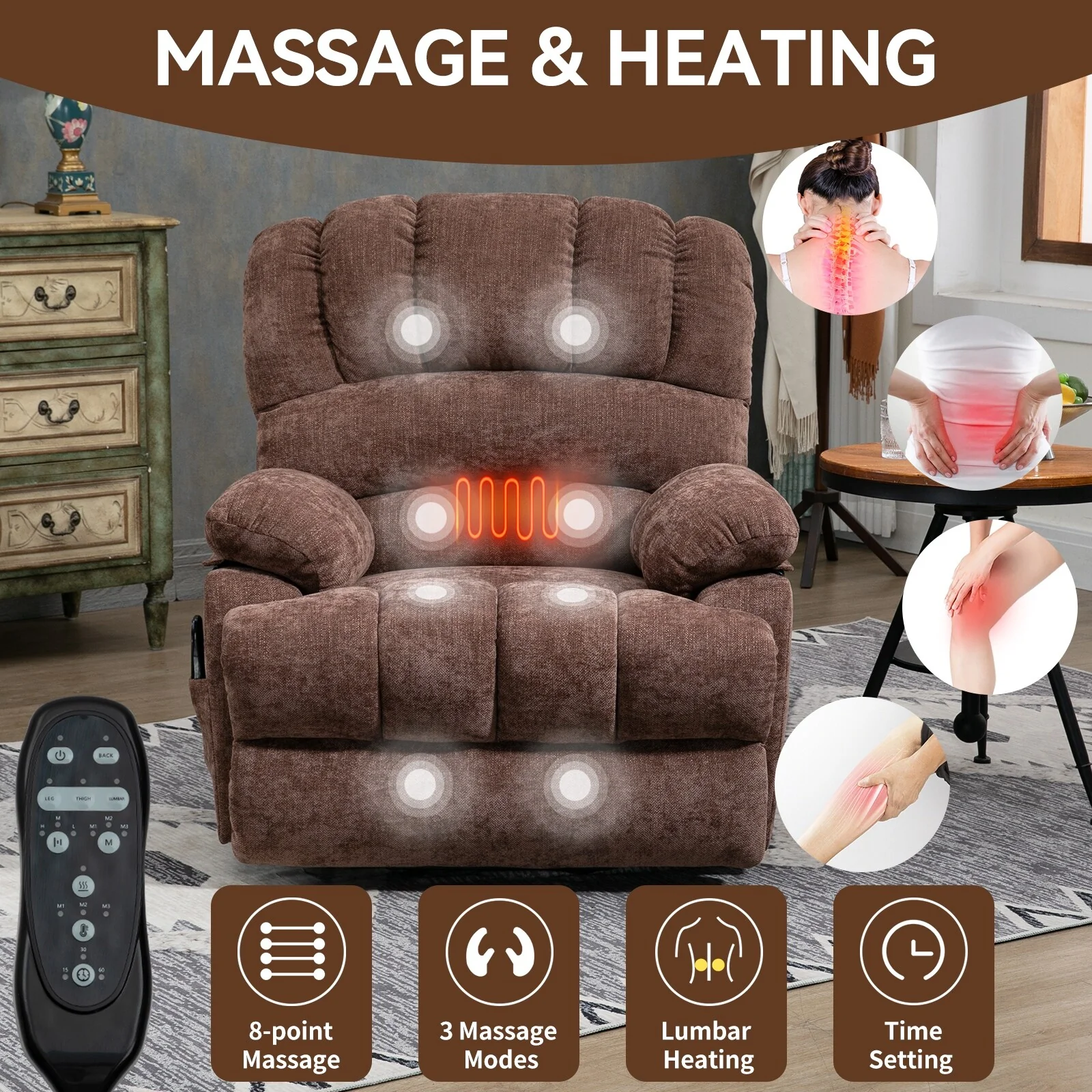 Chenille Power Lift Recliner Chair with 8-Point Vibration Massage