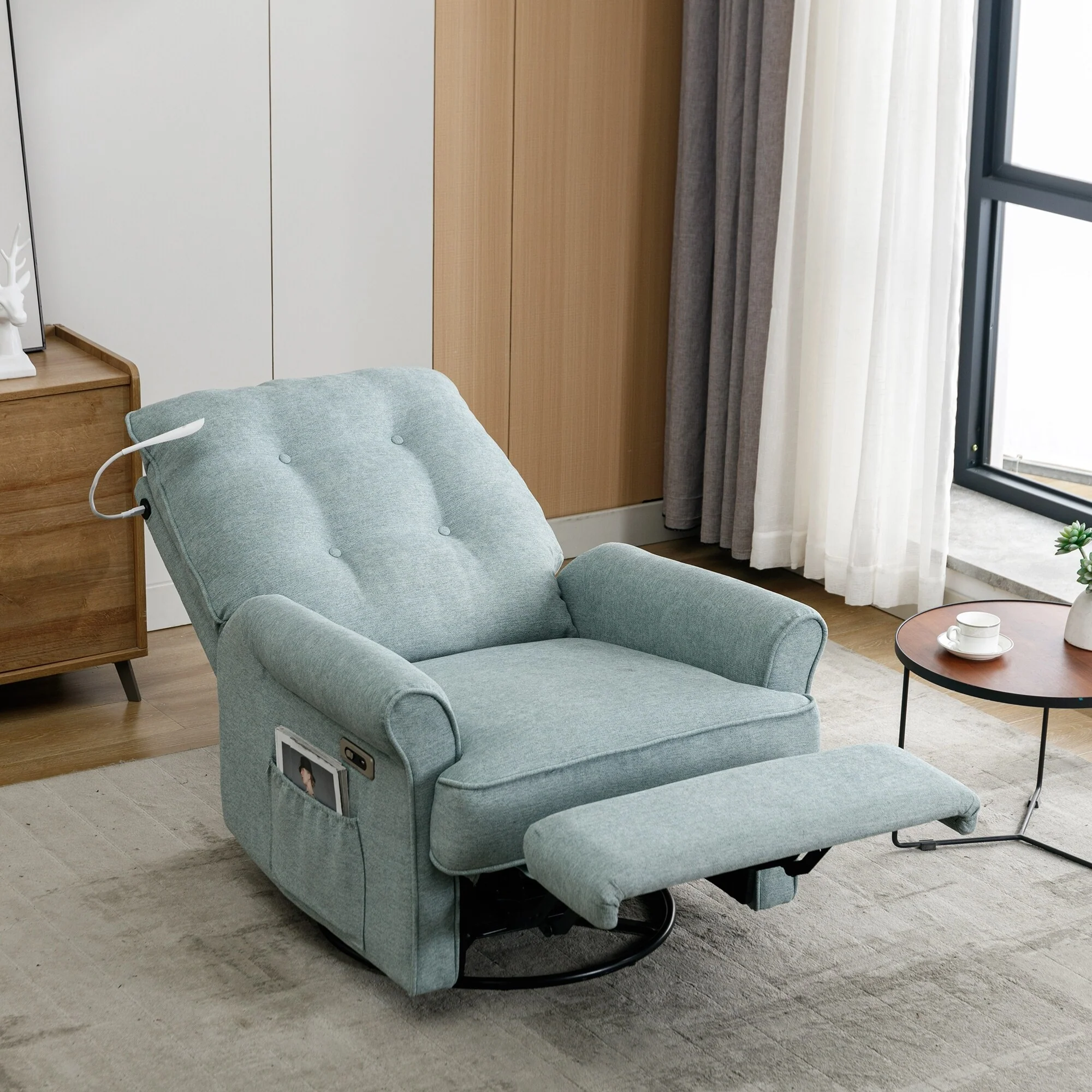 Beige 270�� Swivel Recliner with USB, Rocking Base, and Side Pocket