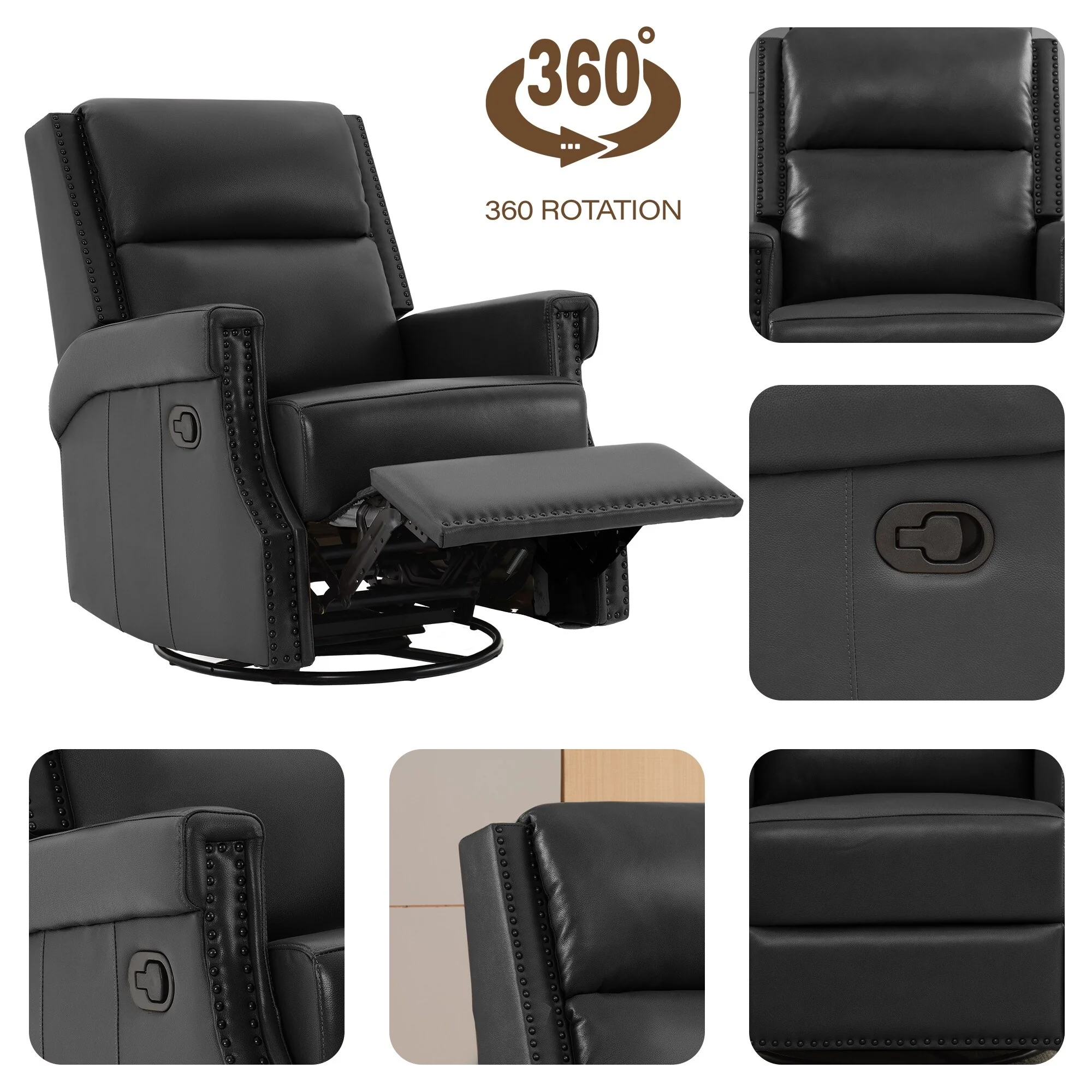 Genuine Leather Manual Rocking Recliner with 360-degree Metal Swivel Base