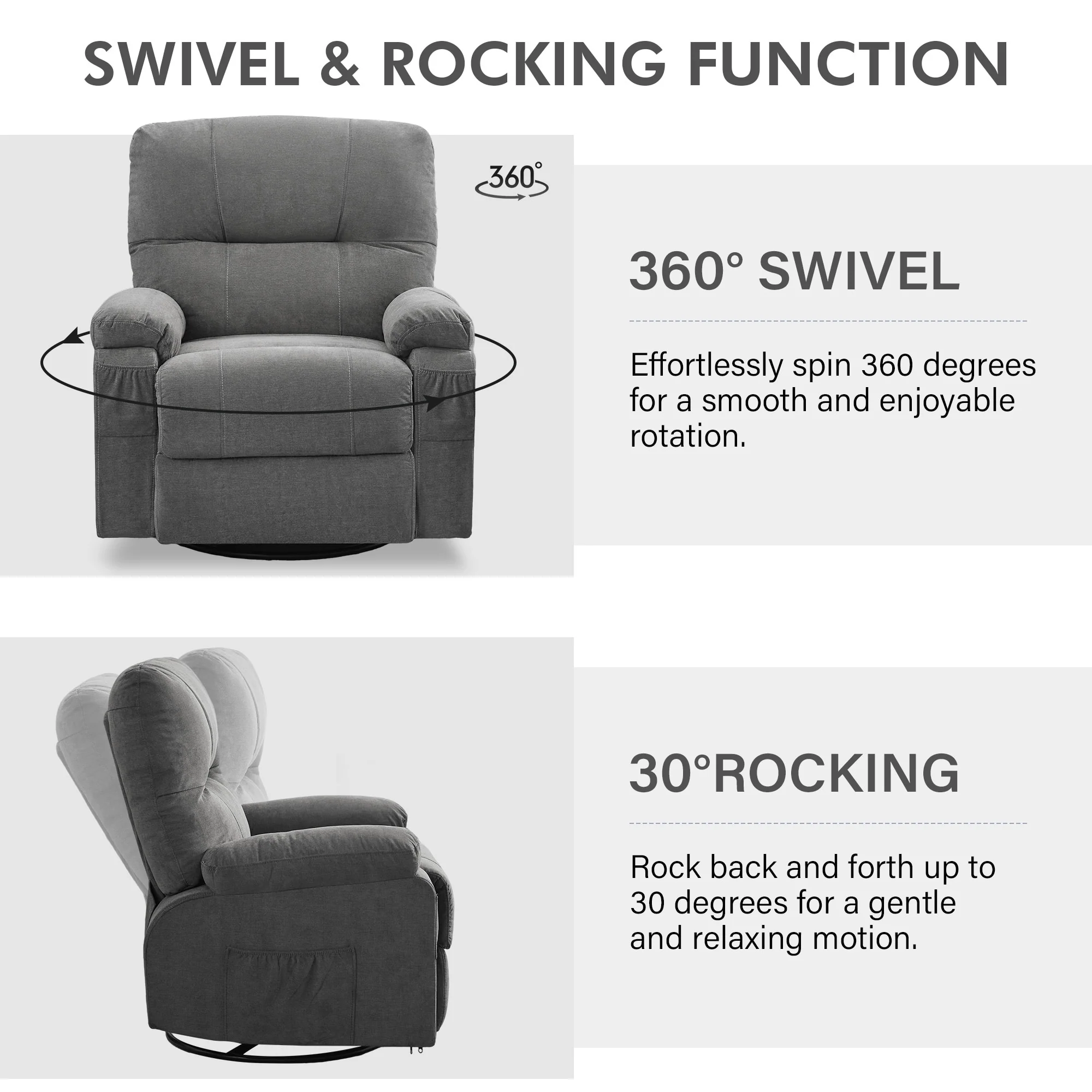 360�� Rotating Recliner Chair with Adjustable Backrest, Swivel Rocking Armchair with Footrest, Soft Cushions & Side Pockets