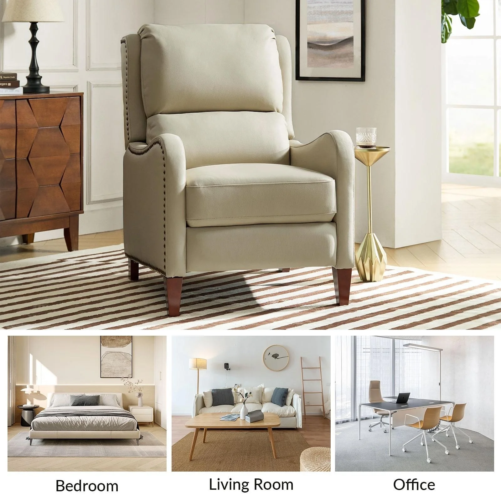 Brigida Modern Genuine Leather Nailhead Trim Recliner with Adjustable Footrest Set of 2 by HULALA HOME