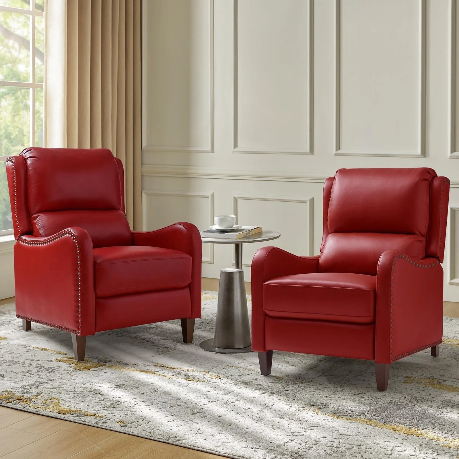 Brigida Modern Genuine Leather Nailhead Trim Recliner with Adjustable Footrest Set of 2 by HULALA HOME