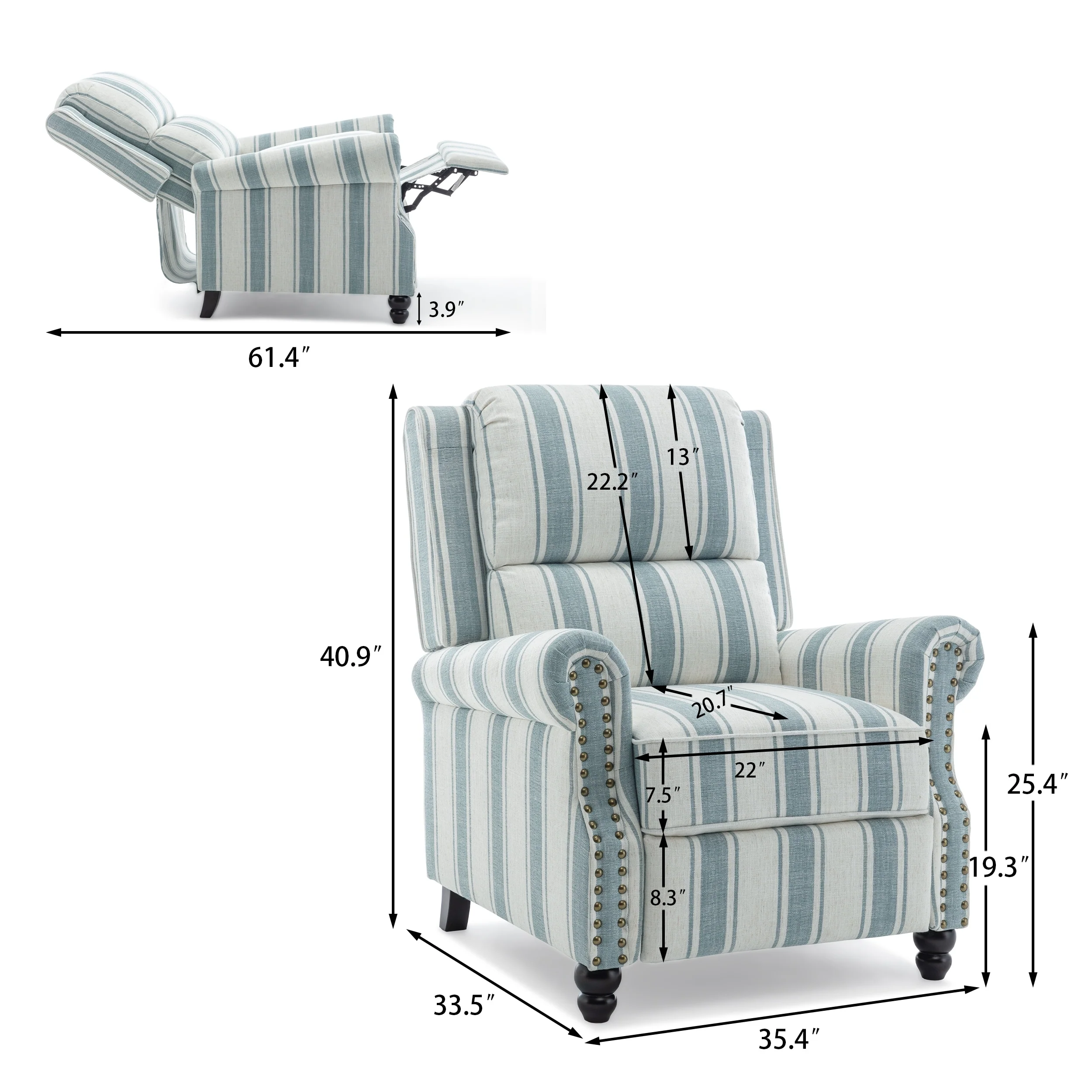 2 Set Manual Pushback Recliner Chair with Nailhead Trim