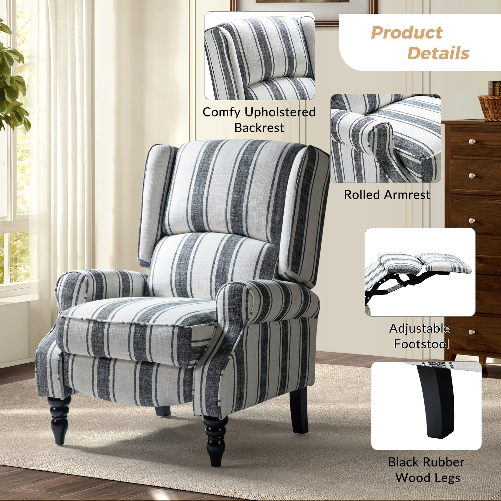 Olympus Upholstered Classic Manual Wingback Recliner with Solid Wood Legs Set of 2 by HULALA HOME