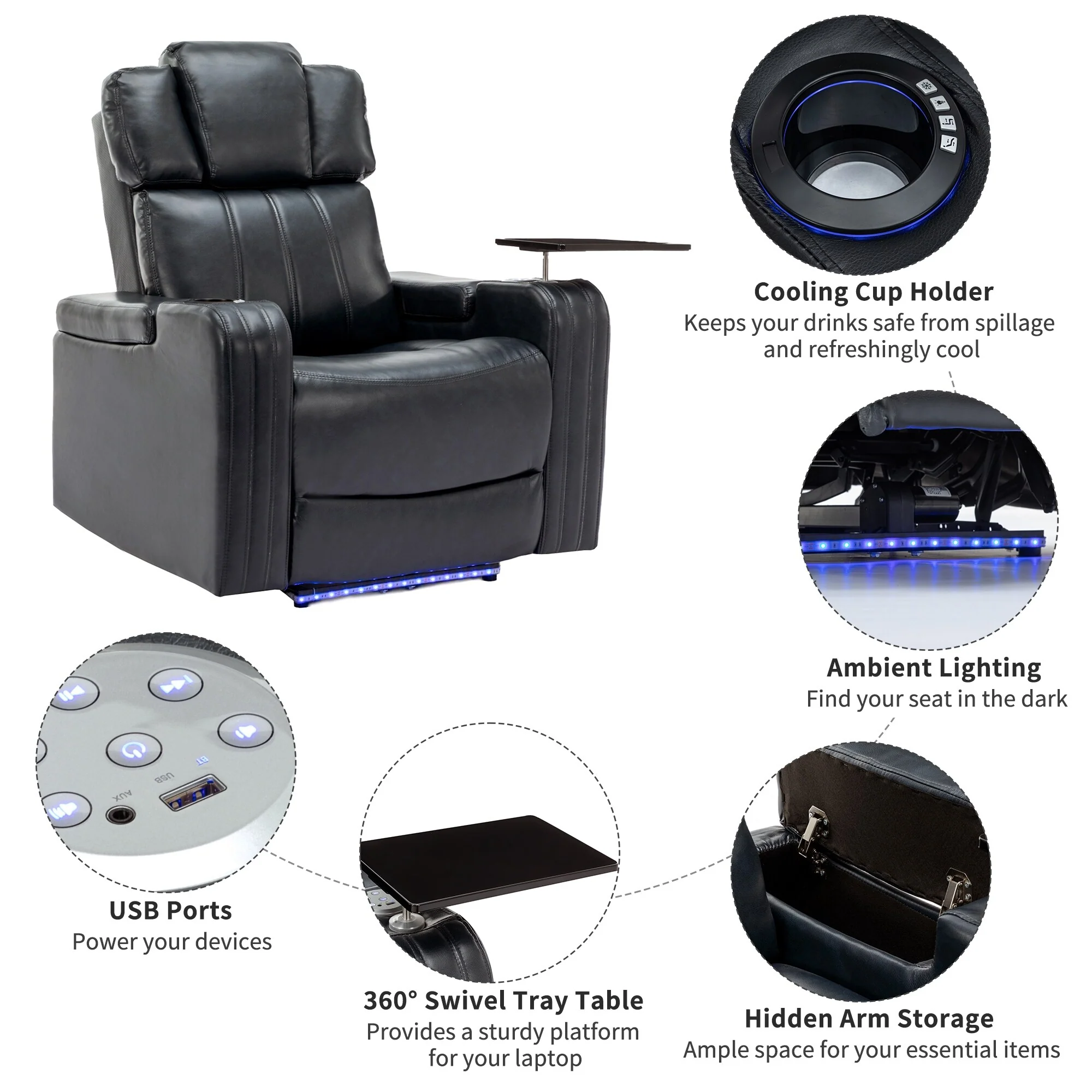 PU Leather Power Recliner Individual Seat Home Theater Recliner with Cooling Cup Holder, Bluetooth Speaker, LED Lights