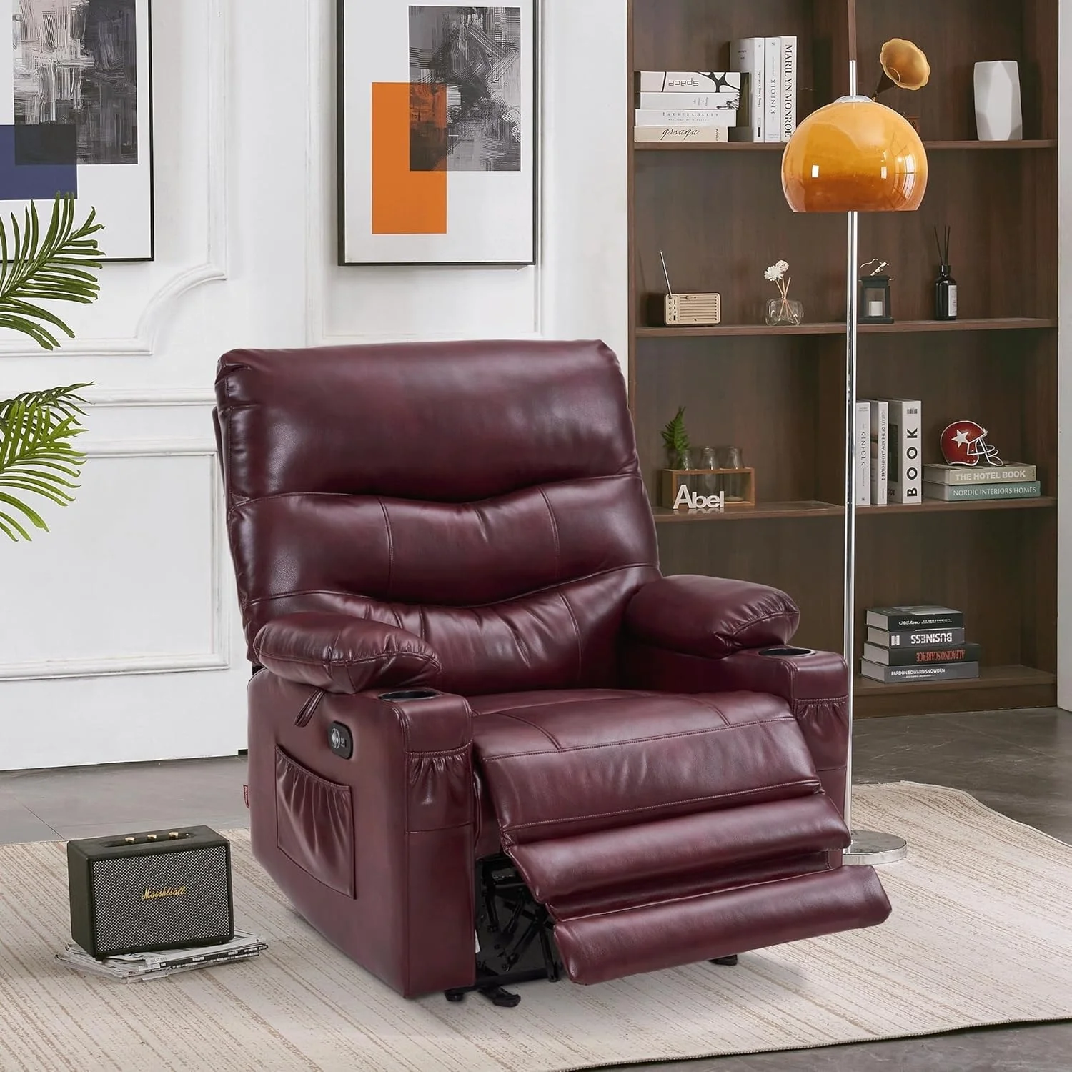 Large Power Faux Leather Recliner Chair with Heat and Massage, Cup Holder, USB Port
