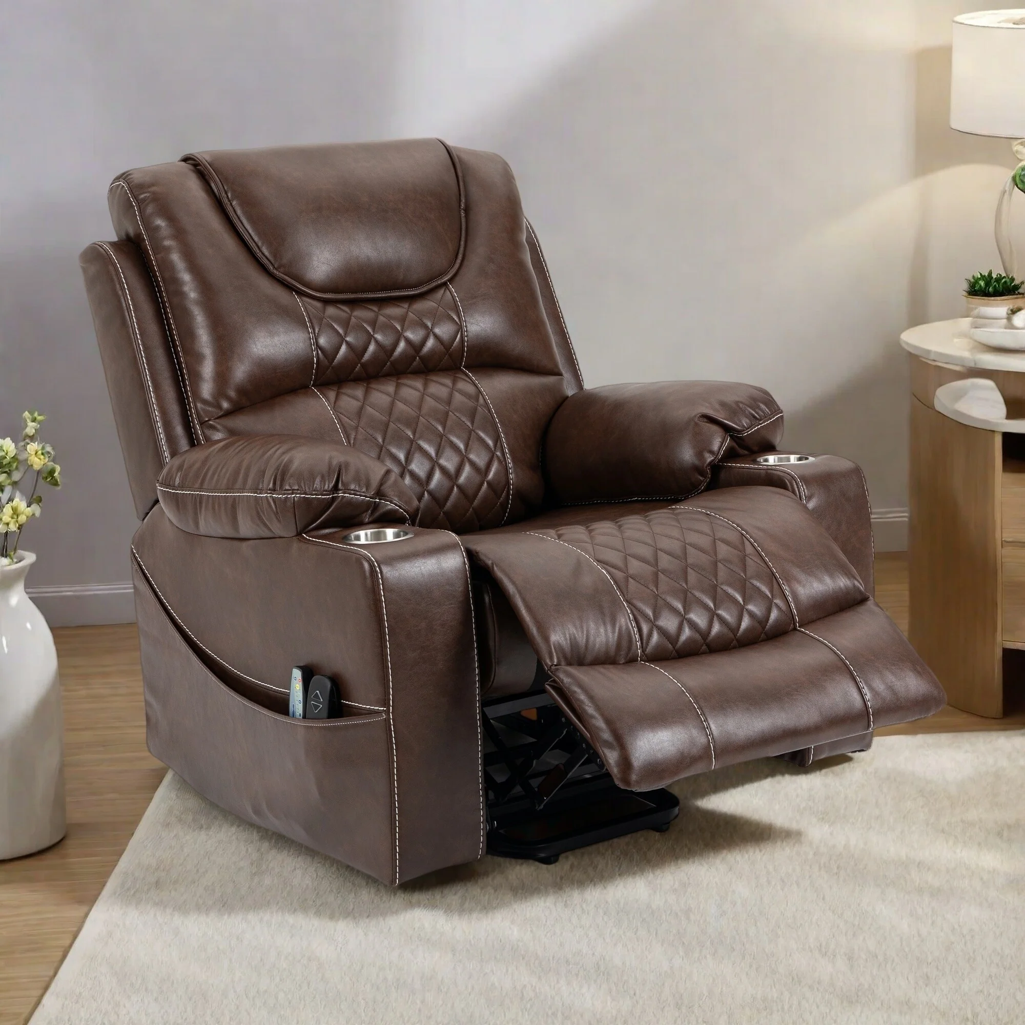 Standard Size Leather Dual Motor Power Recliner Chair with Heat, Massage, and Dual Cup Holders