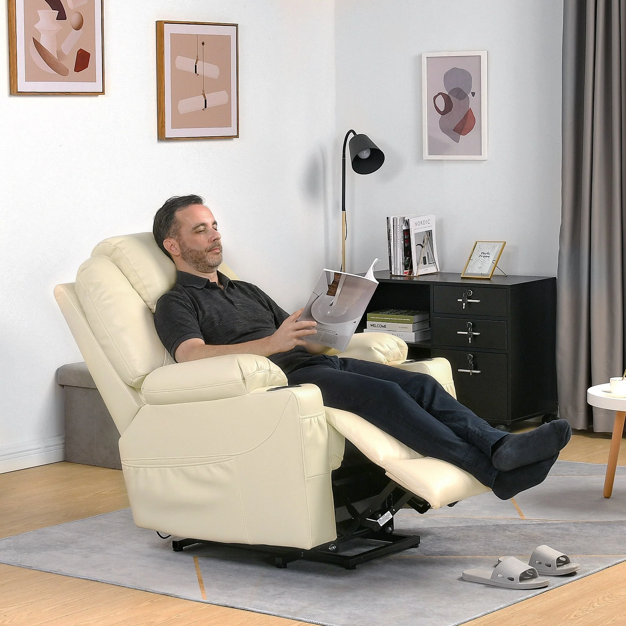 Modern Off White Reclining Chair Faux Leather/Fabric Massage