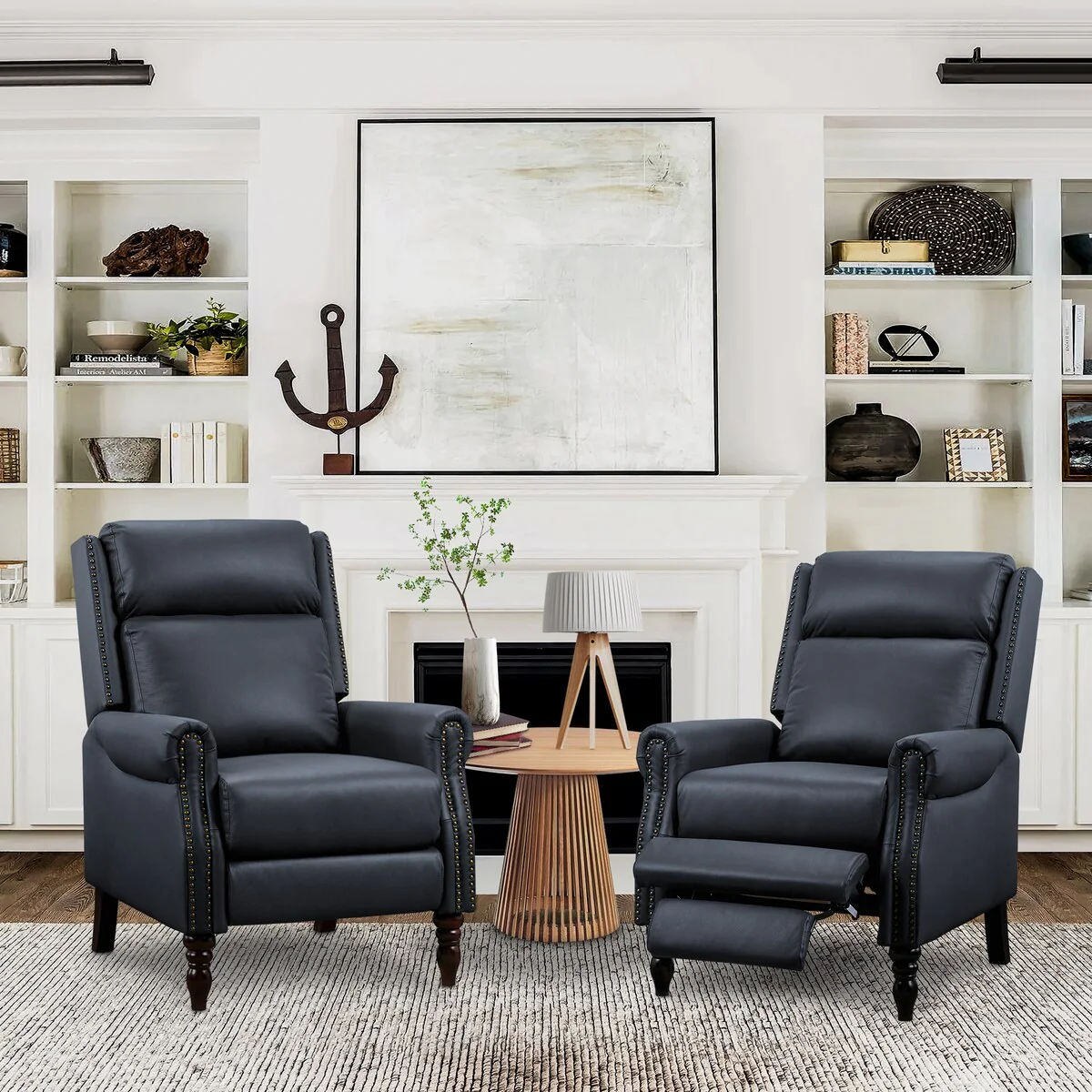 Mid-century Genuine Leather Recliner Adjustable Push Back Comfortable Set of 2 Arm Chairs for Living Room