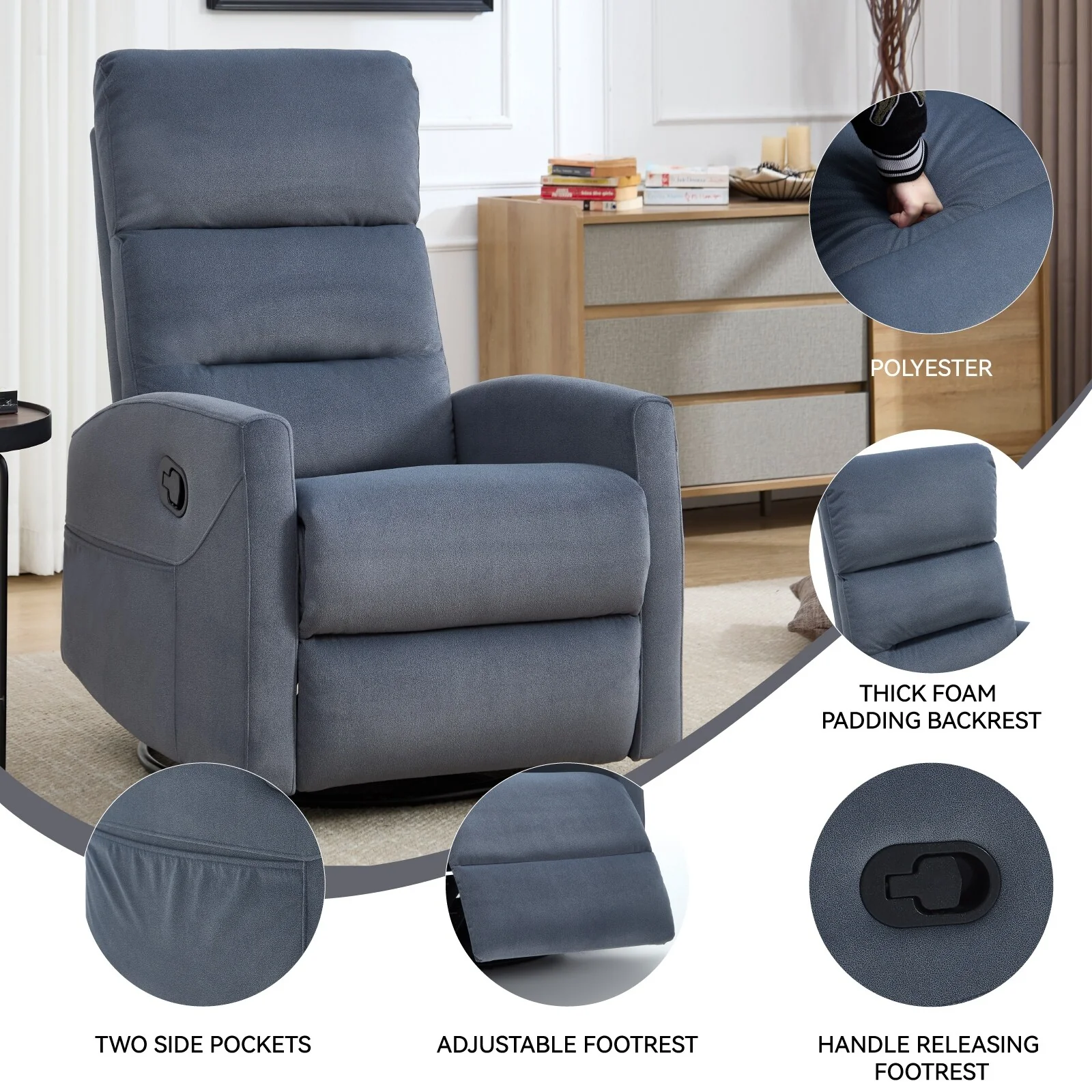Fabric Manual Recliner Chair 360�� Swivel Chair with Rocker and Footrest, Armchair with Adjustable Backrest Pedals