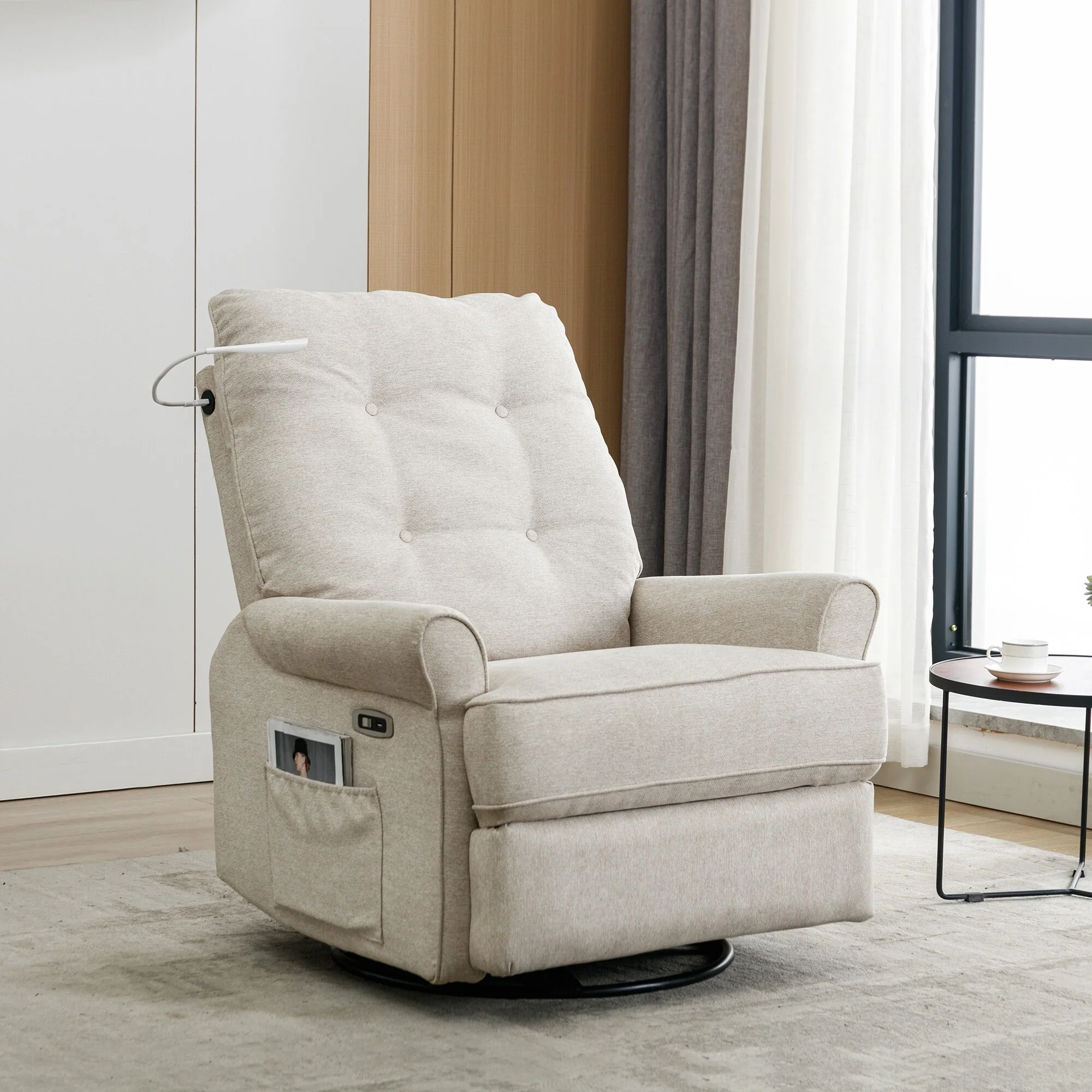 Beige 270�� Swivel Recliner with USB, Rocking Base, and Side Pocket