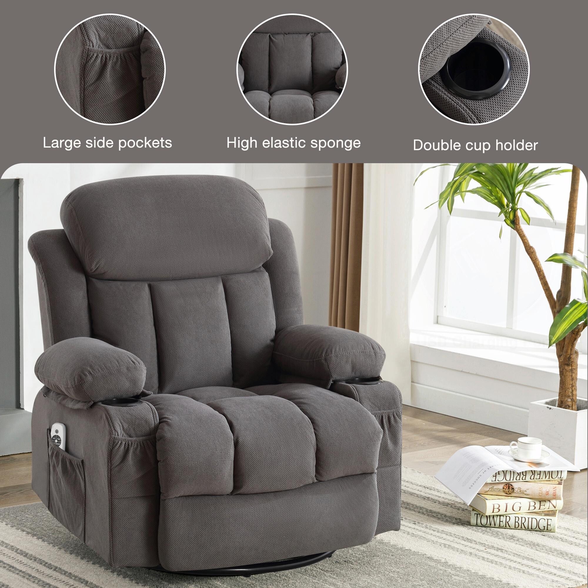 Swinging Recliner Massage Heated Sofa, with USB and 2 Cup Holders in Side Pockets