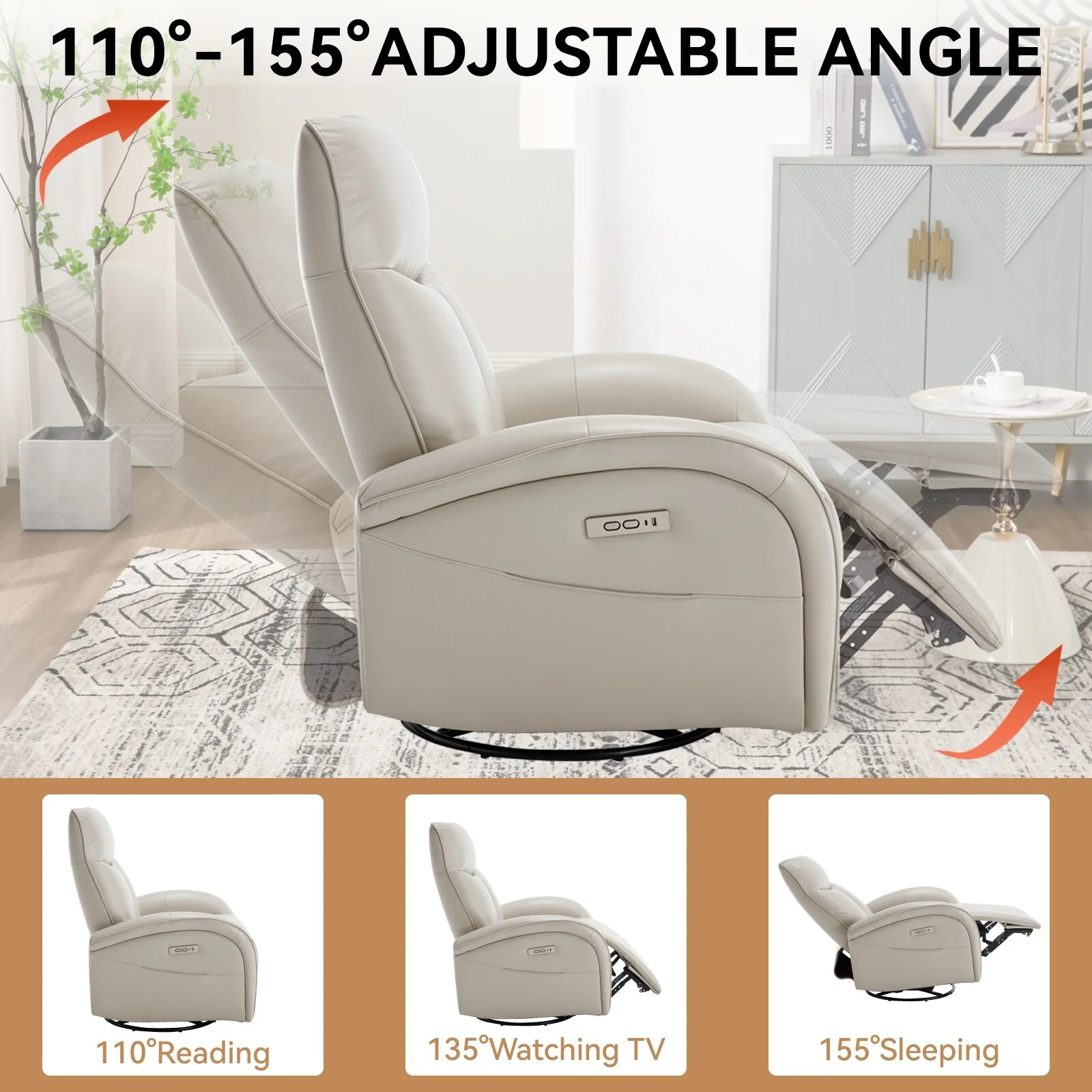 Armless Power Glider Swivel Recliner Chair with USB & High Back