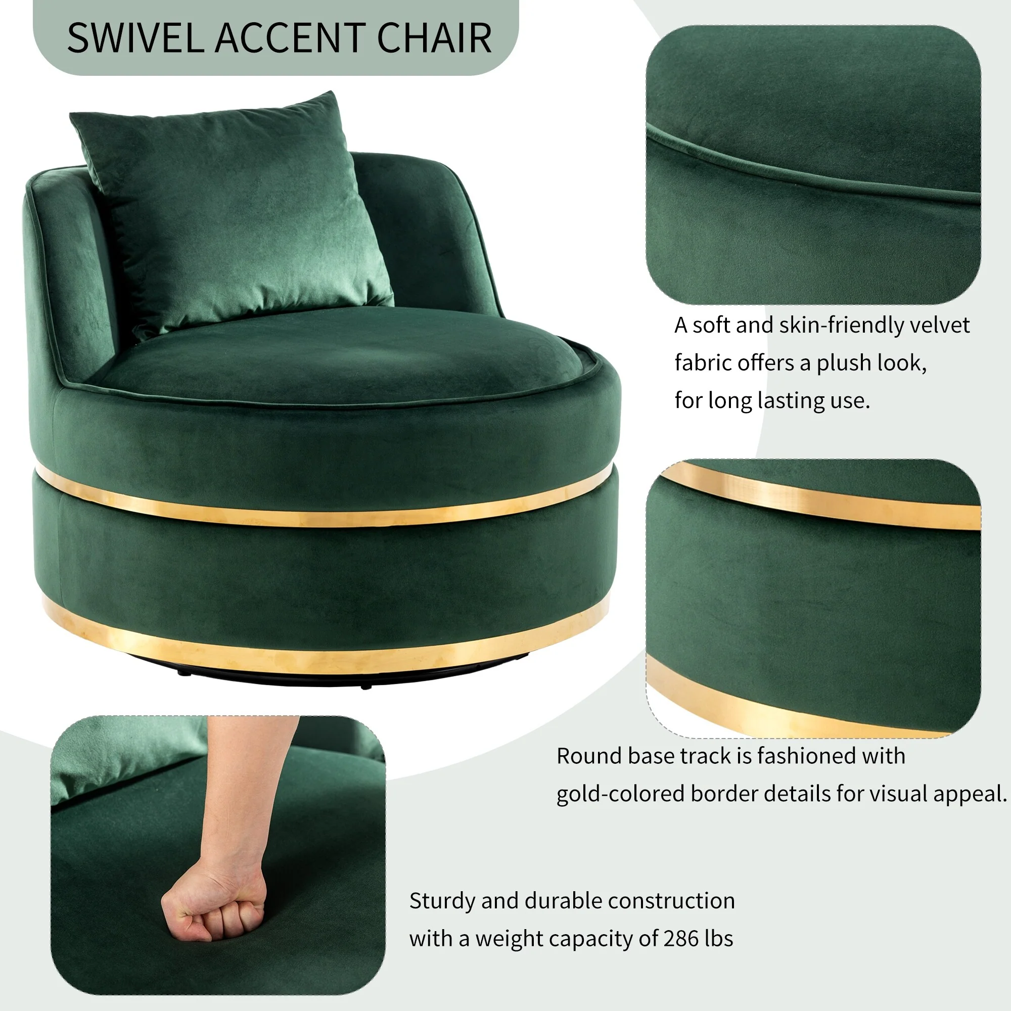 Velvet 360�� Swivel Accent Chair with Seat Cushion, Upholstered Barrel Chair with Stainless Steel Base Living Room Chair