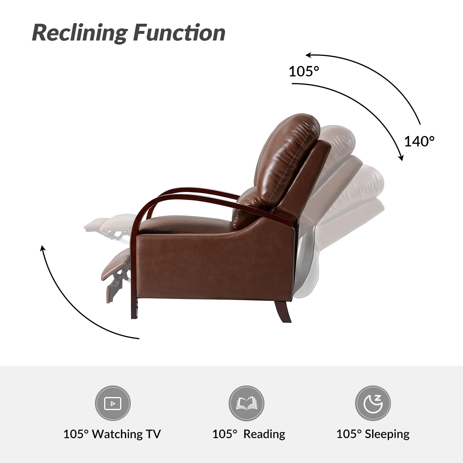 Alex Mid-century Modern Cigar Genuine Leather Manual Recliner with Wooden Curved Arms