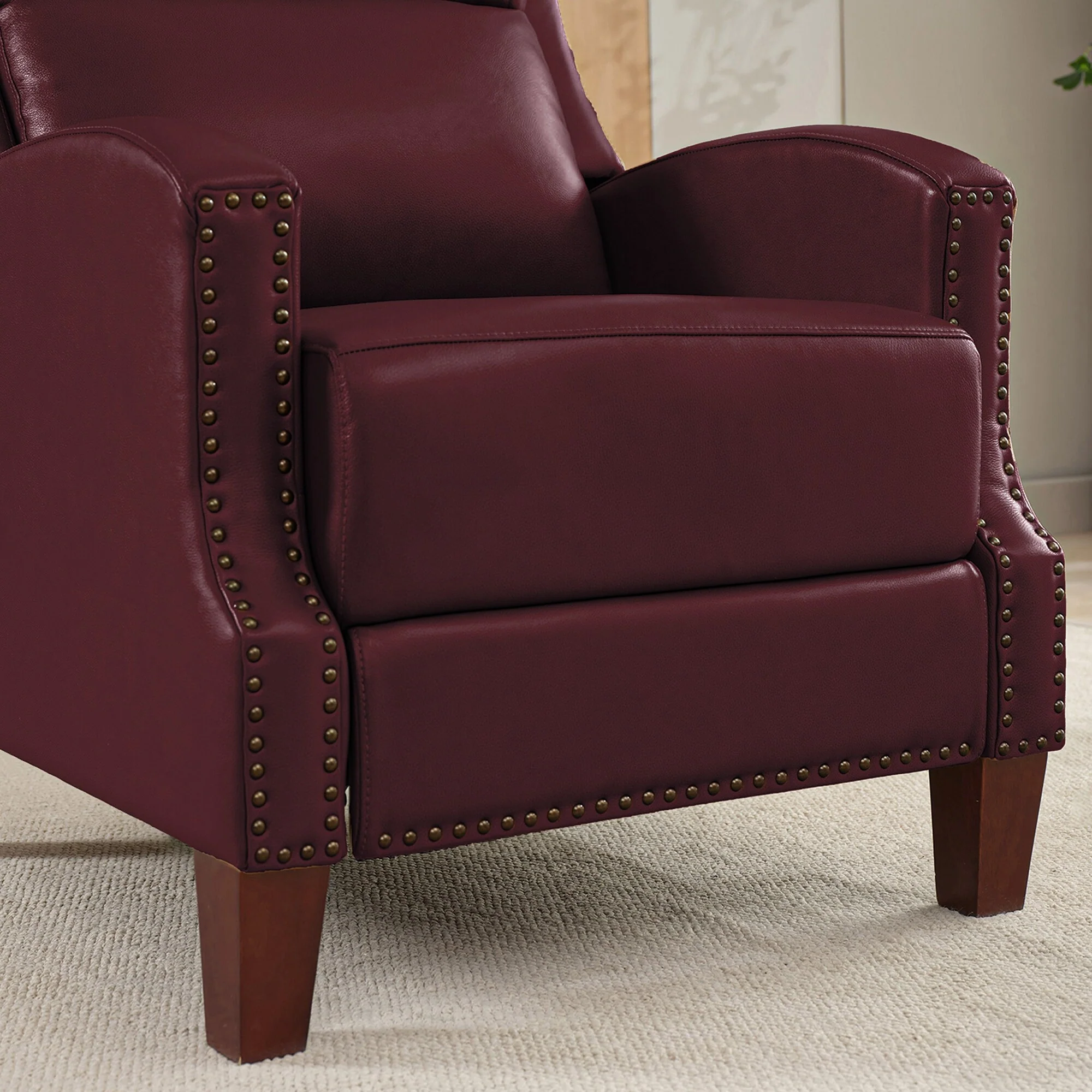Genuine Leather Pushback Recliner with Multi-Angle Seat Back and Solid Wood Legs