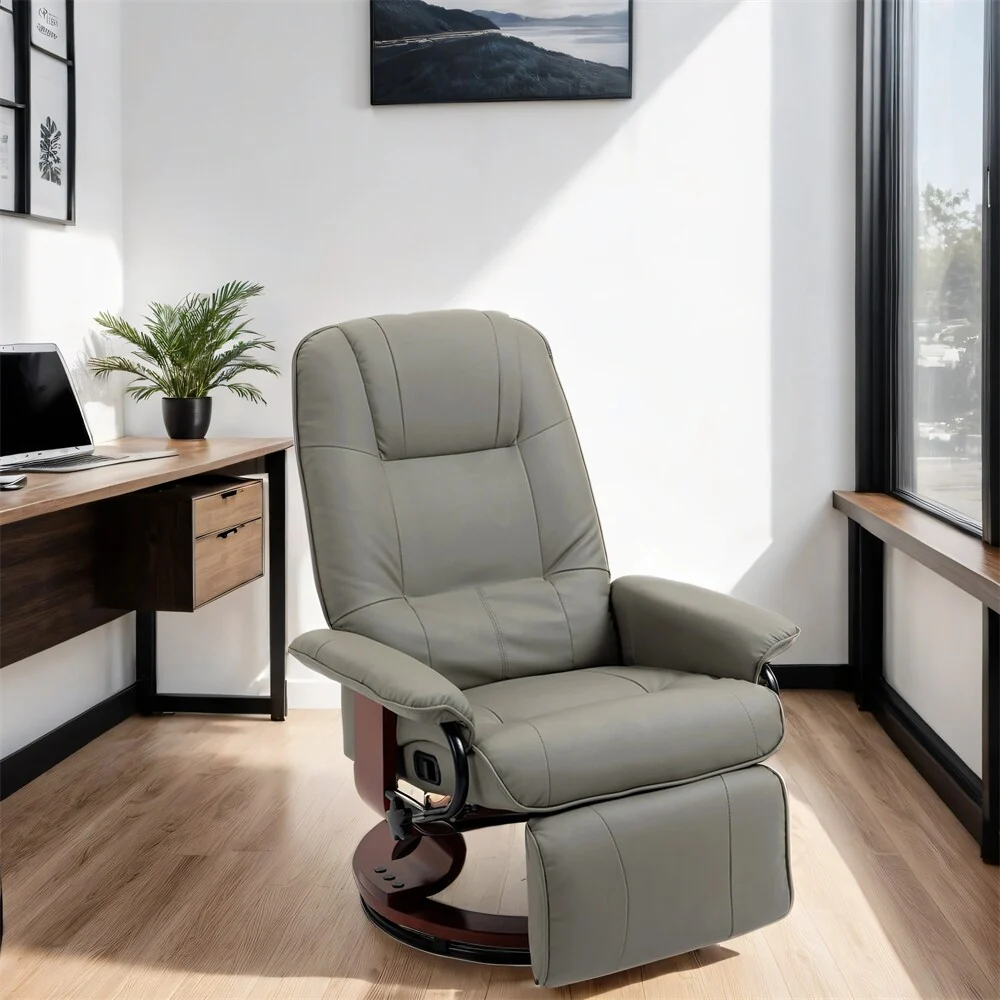 Swivel Leather Manual Recliner with Armrest and Extendable Footrest