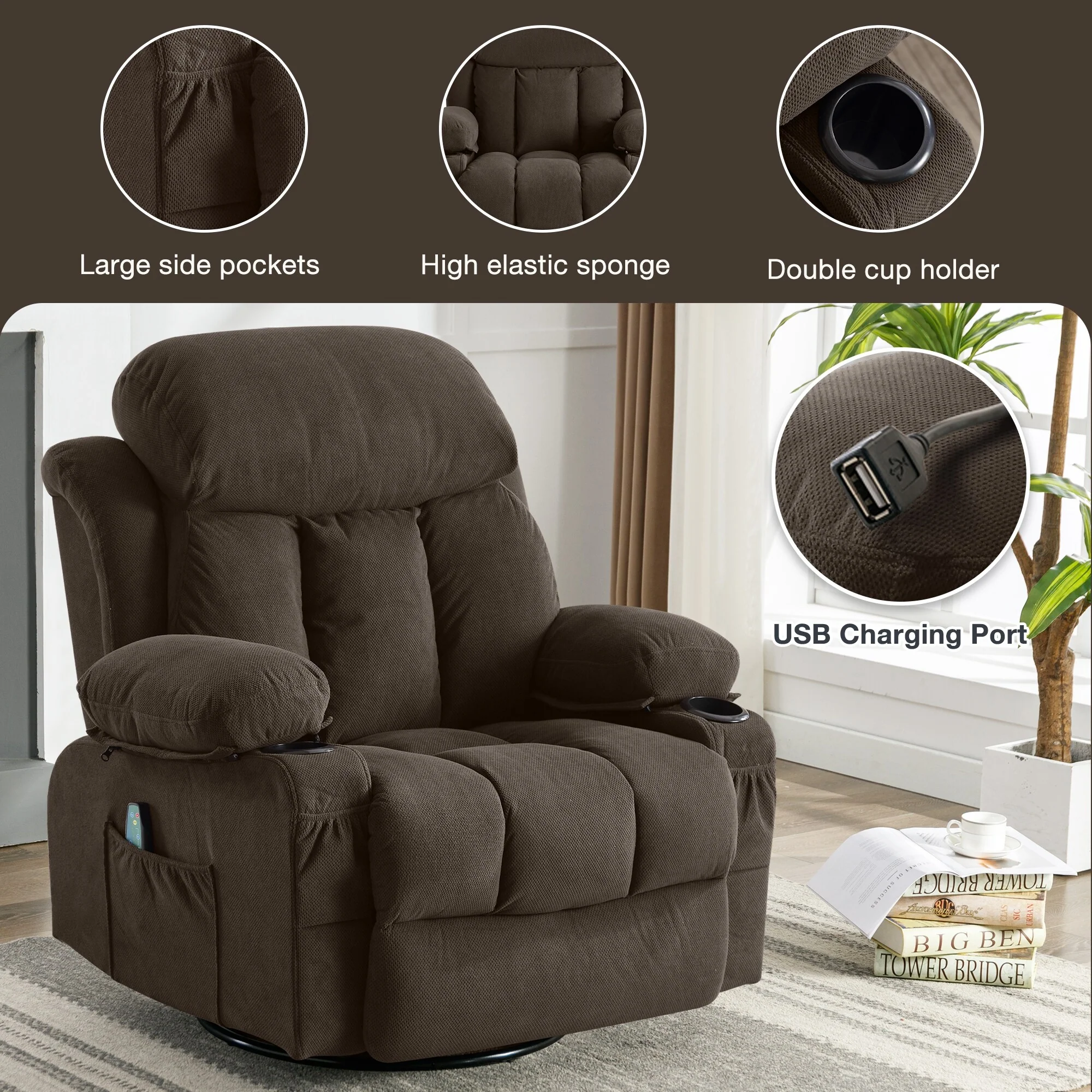 Dotted Velvet Massage Heated Manual Recliner Chair w/360�� Swivel Base