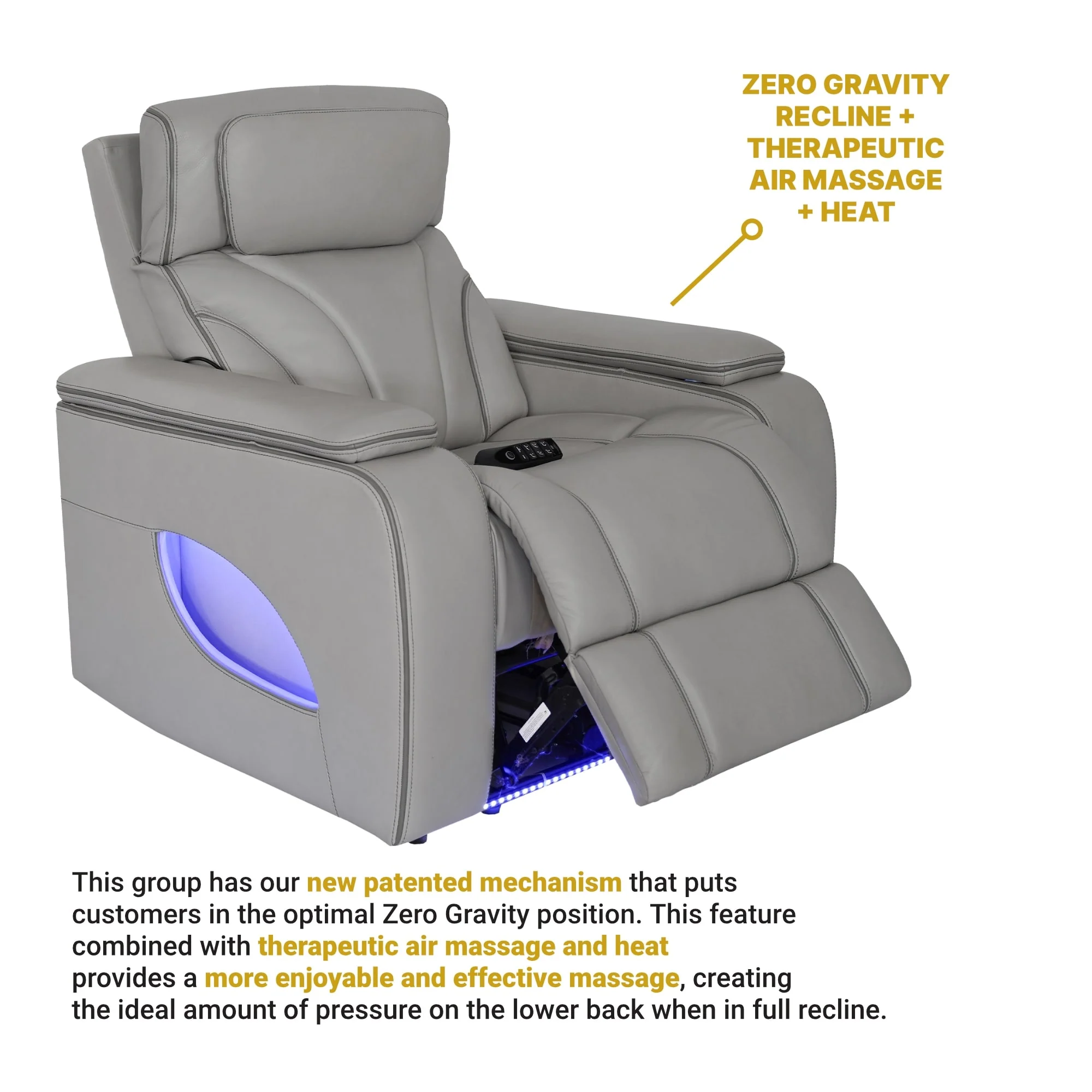 Octavia Silver and Gray Leather Zero Gravity Power Recliner with Heat and Massage