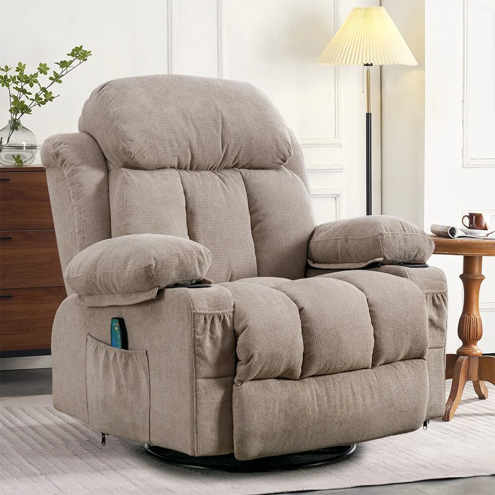 Massage 360 Swivel Rocker Recliner Chair, Heating, Cup Holders, USB